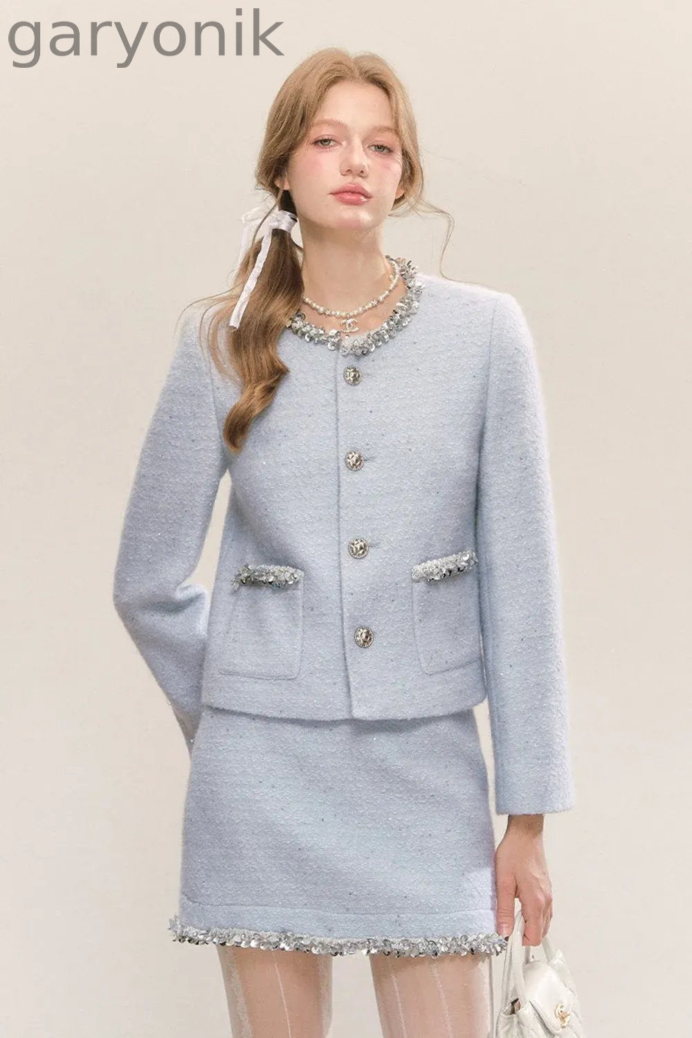 Blue Sequin Tweed Coat and Skirt Set-Up