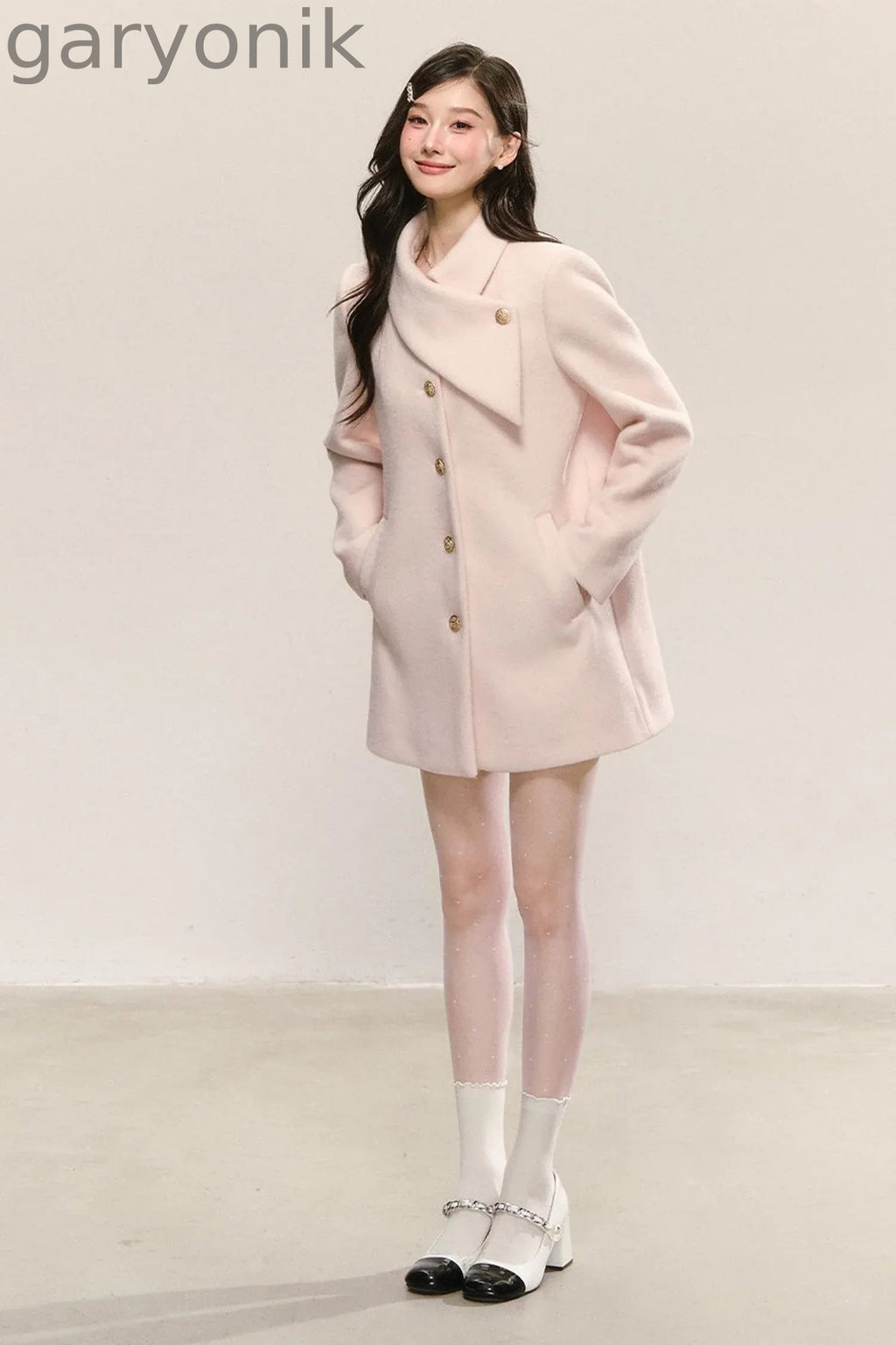 Pink Diagonal Collar Woolen Coat