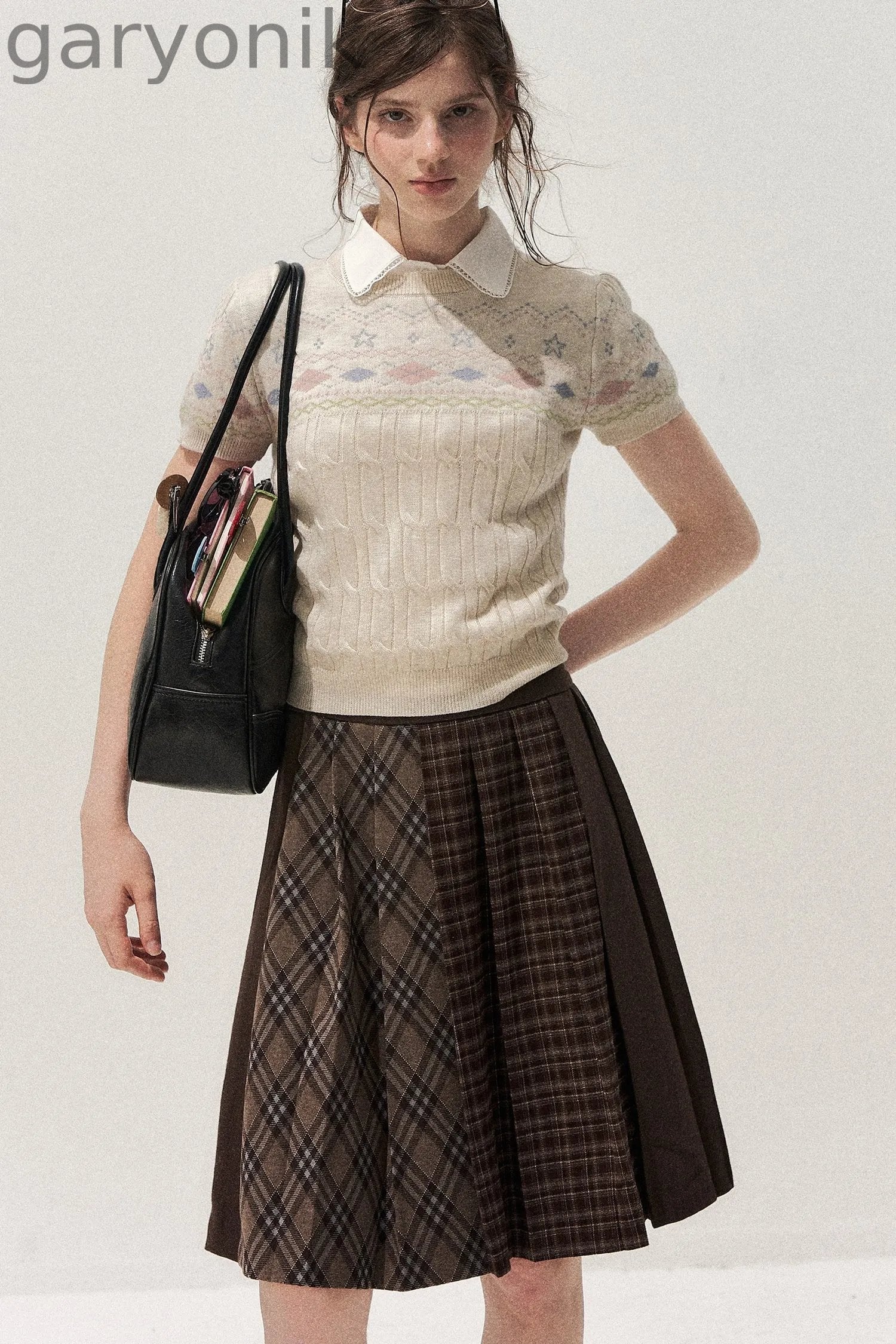 Retro Fair Isle Argyle Short-Sleeve Knit Sweater and Skirt Set-Up