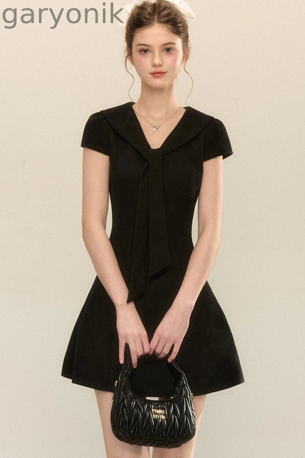 Navy Collar Short Sleeve A-Line Dress