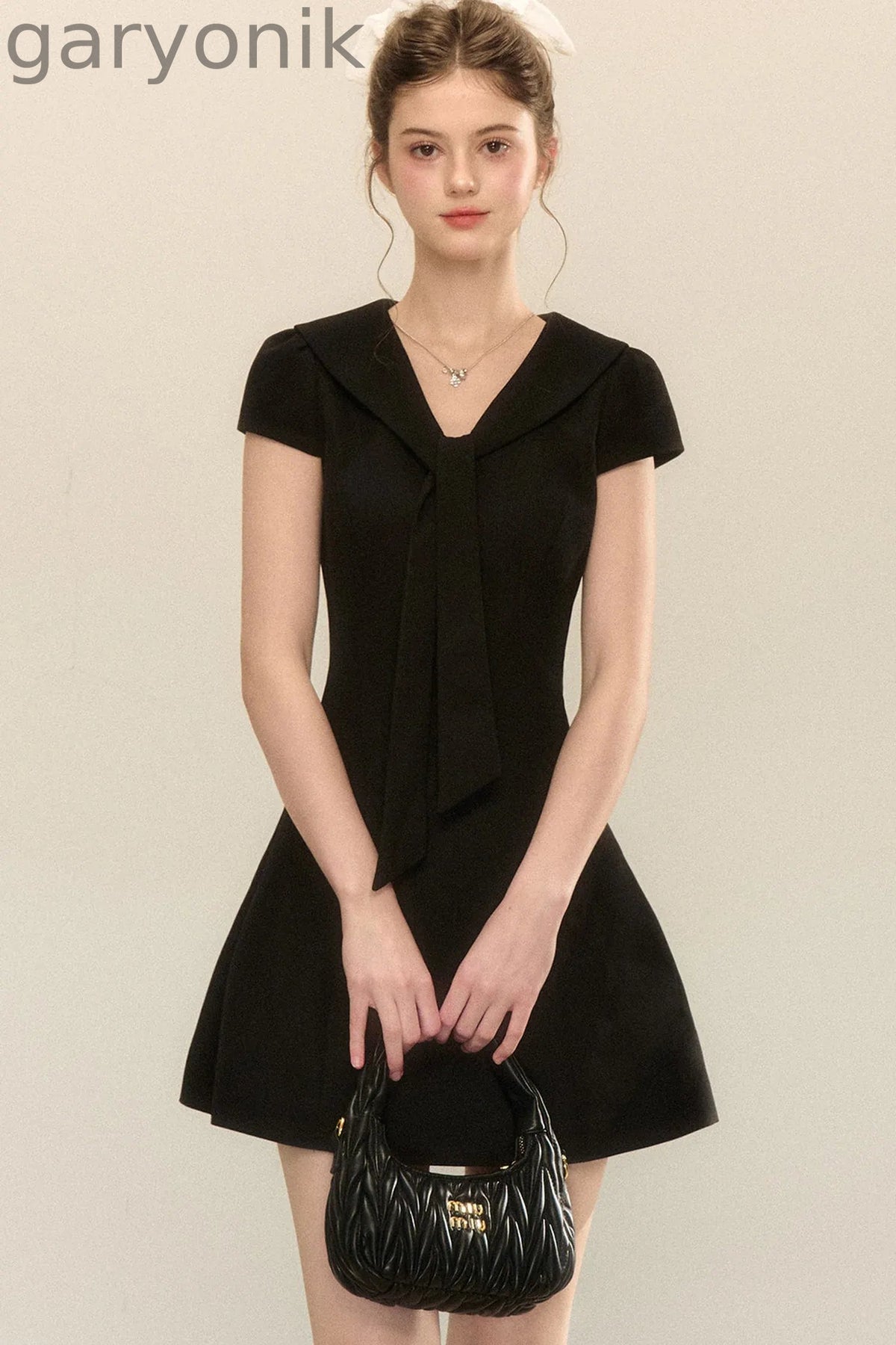 Navy Collar Short Sleeve A-Line Dress