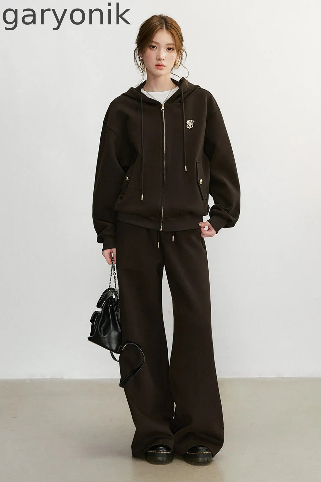 Embroidered Hooded Cardigan Sweatshirt and Wide-Leg Pants Set-Up