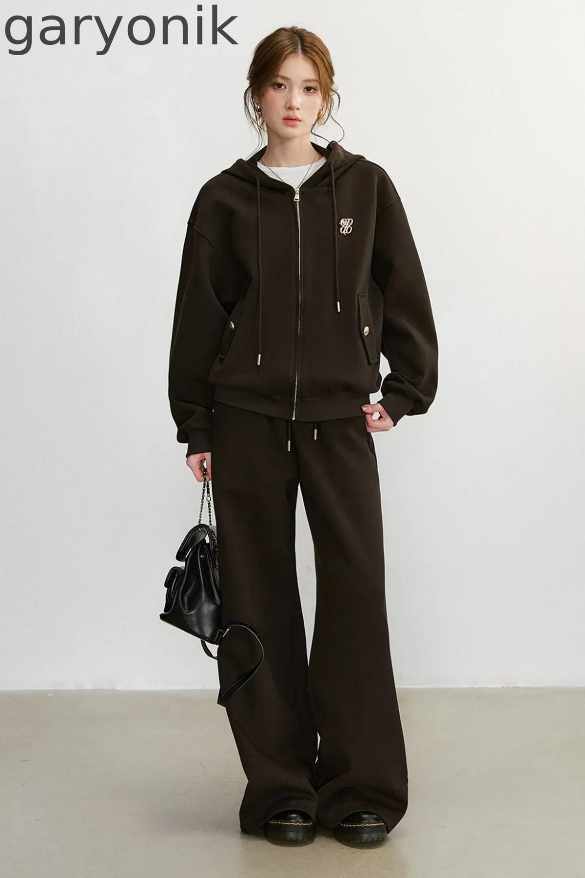 Embroidered Hooded Cardigan Sweatshirt and Wide-Leg Pants Set-Up