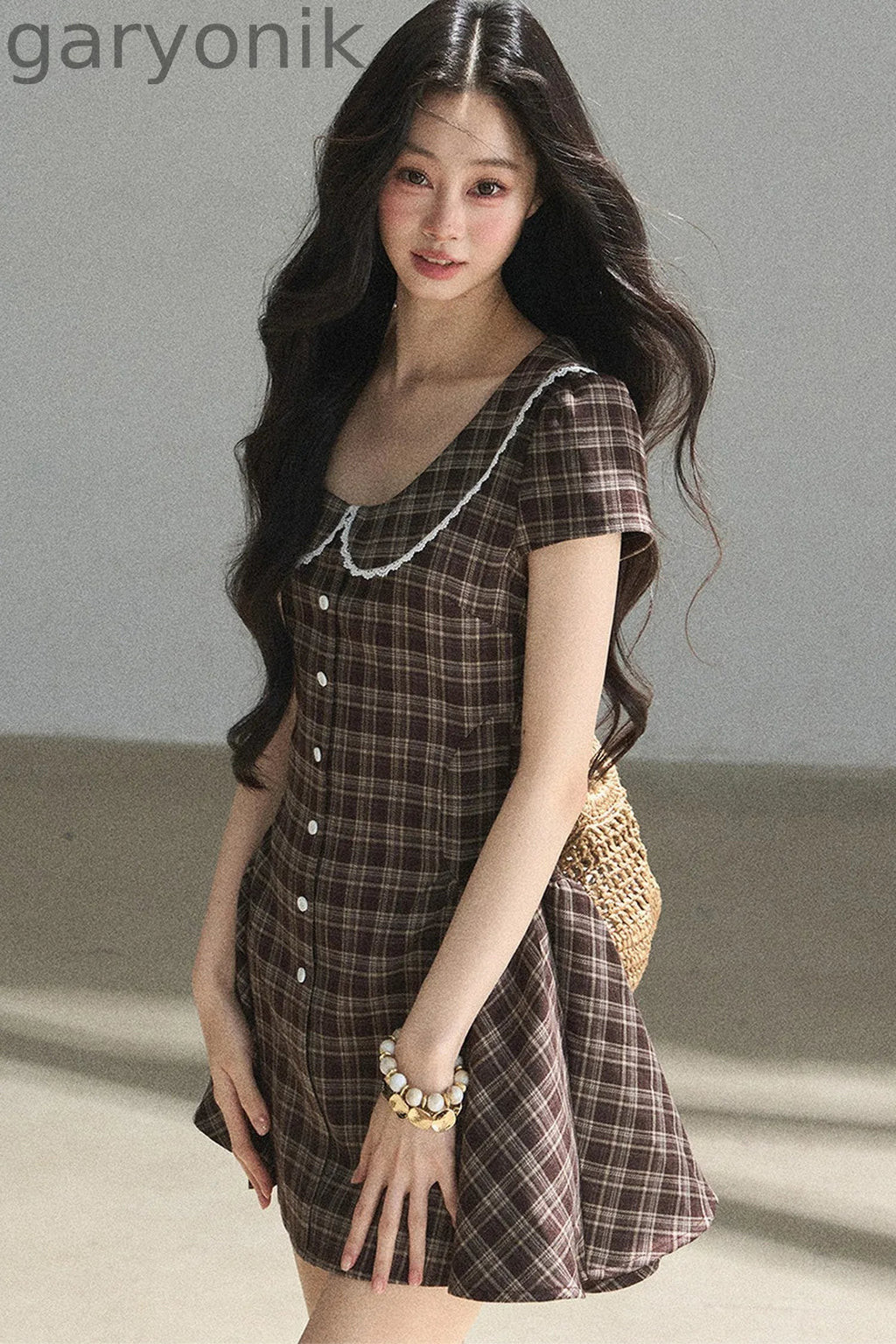 Chestnut Brown Plaid Puffy Dress