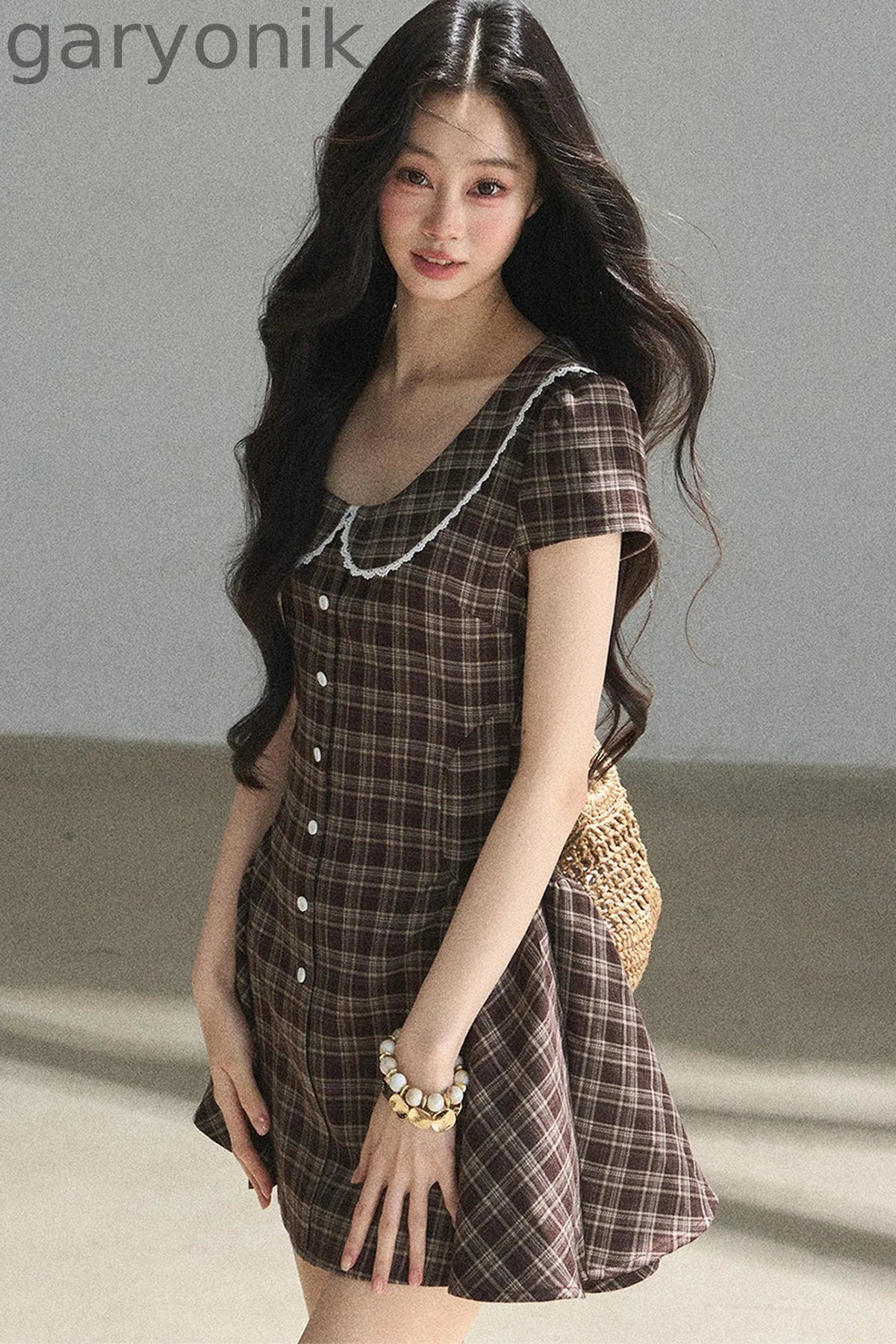 Chestnut Brown Plaid Puffy Dress