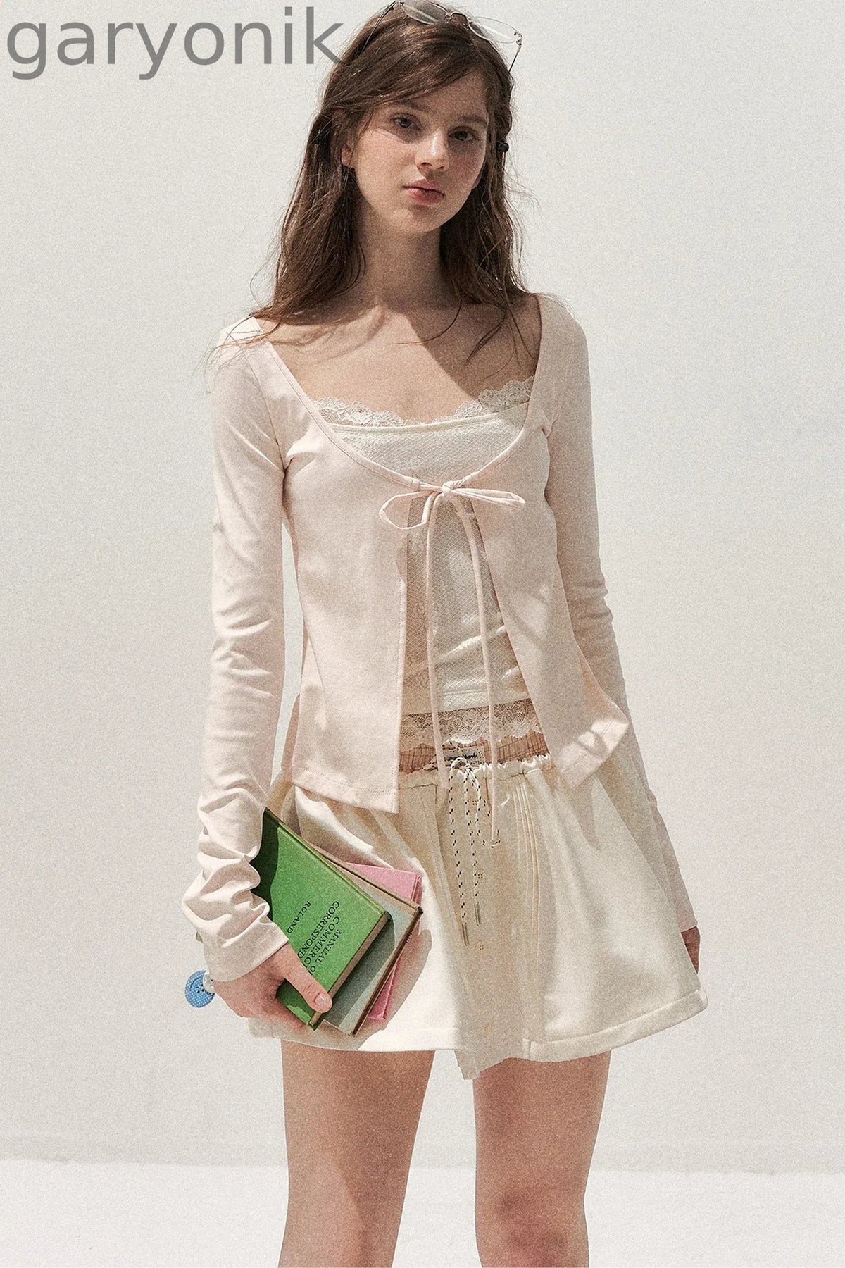 Lace Spliced Tie-Up Long Sleeve Top