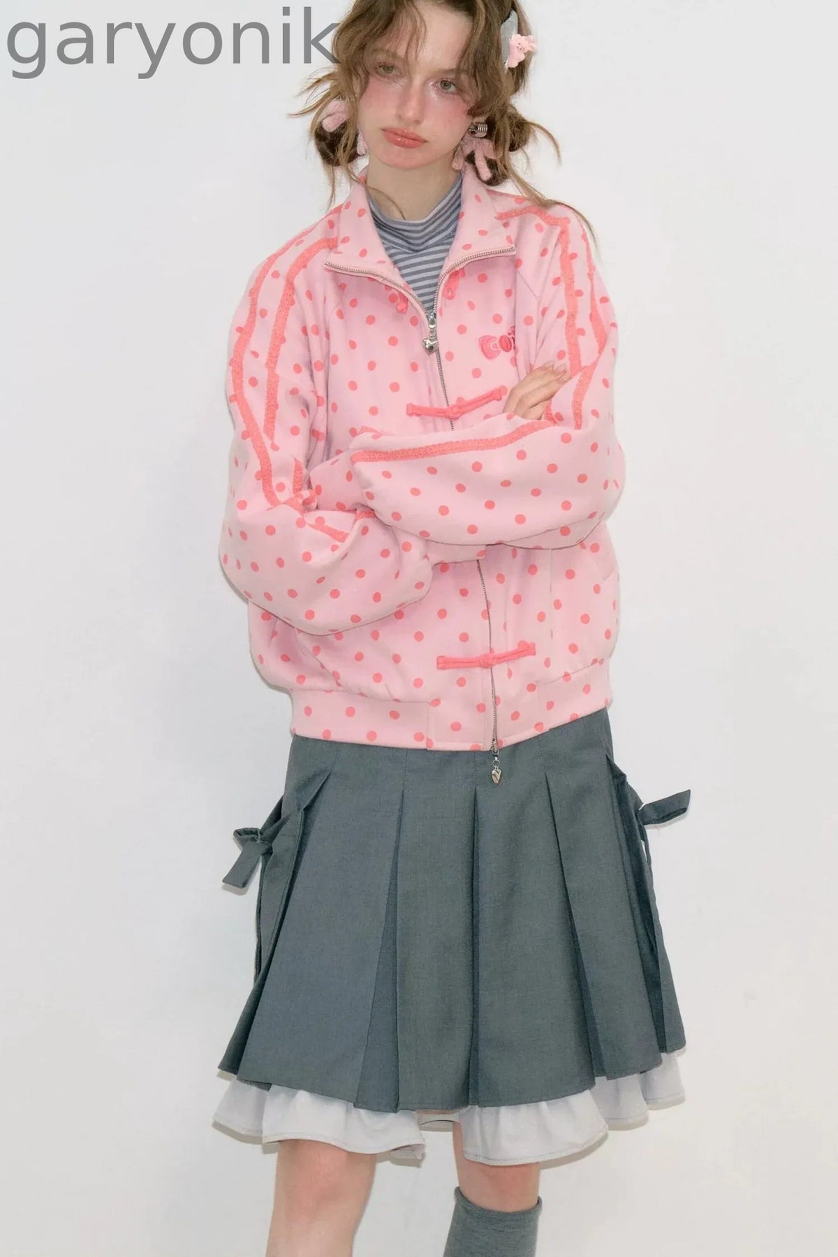 Blue Polka Dot Zipper Hoodie Jacket