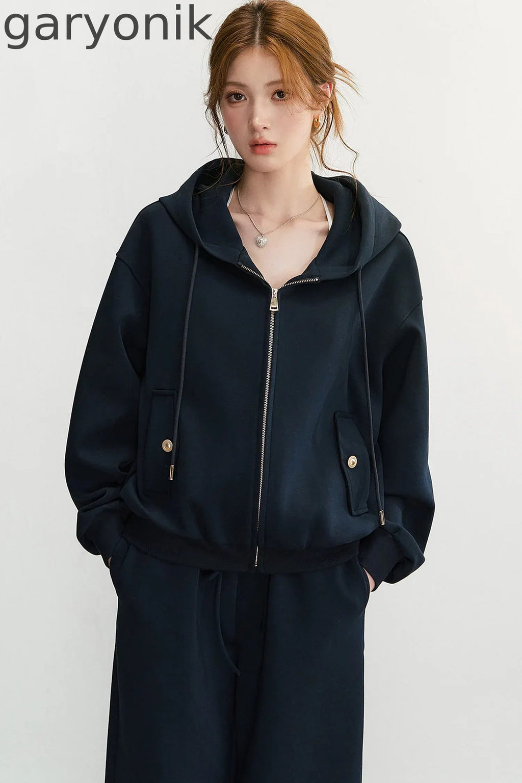 Embroidered Hooded Cardigan Sweatshirt and Wide-Leg Pants Set-Up