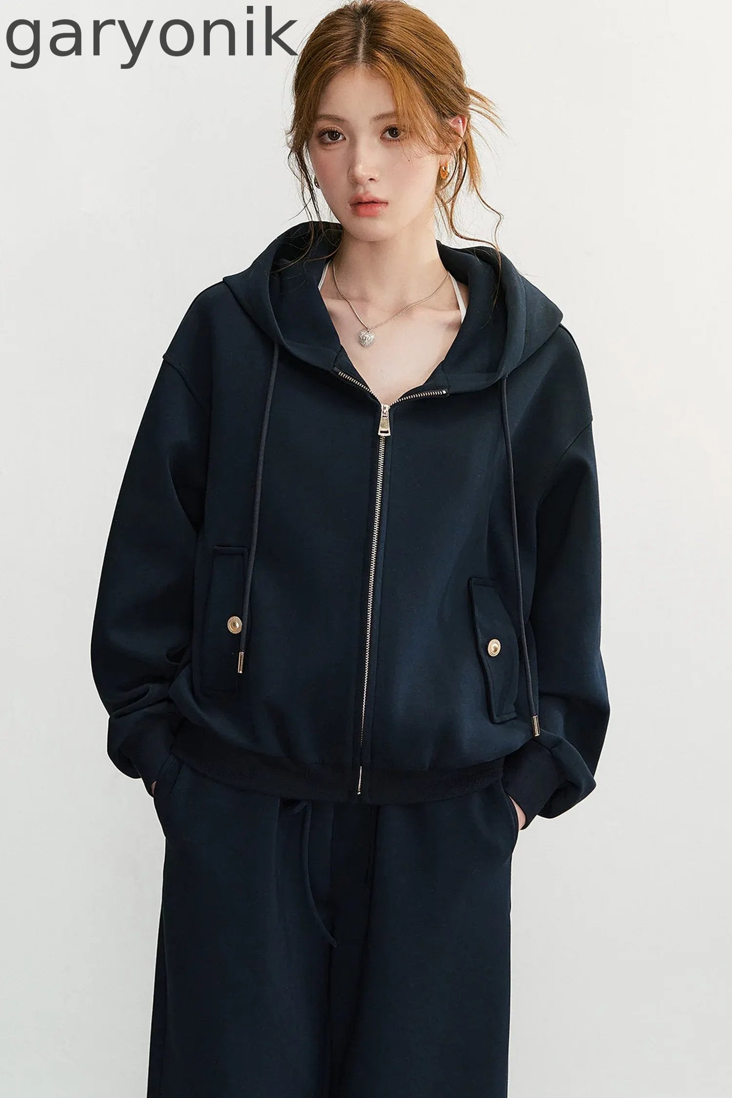 Embroidered Hooded Cardigan Sweatshirt and Wide-Leg Pants Set-Up