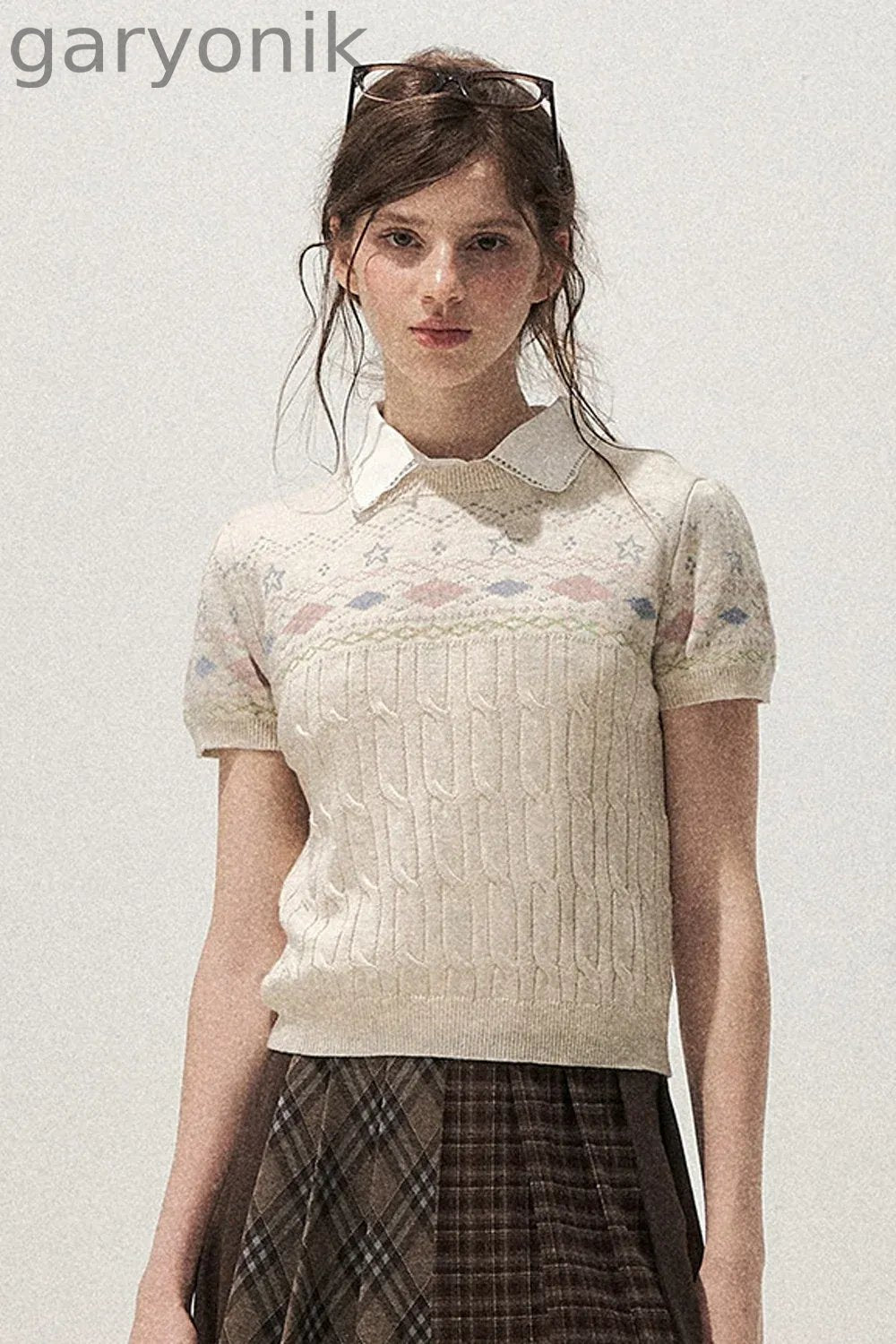 Retro Fair Isle Argyle Short-Sleeve Knit Sweater and Skirt Set-Up