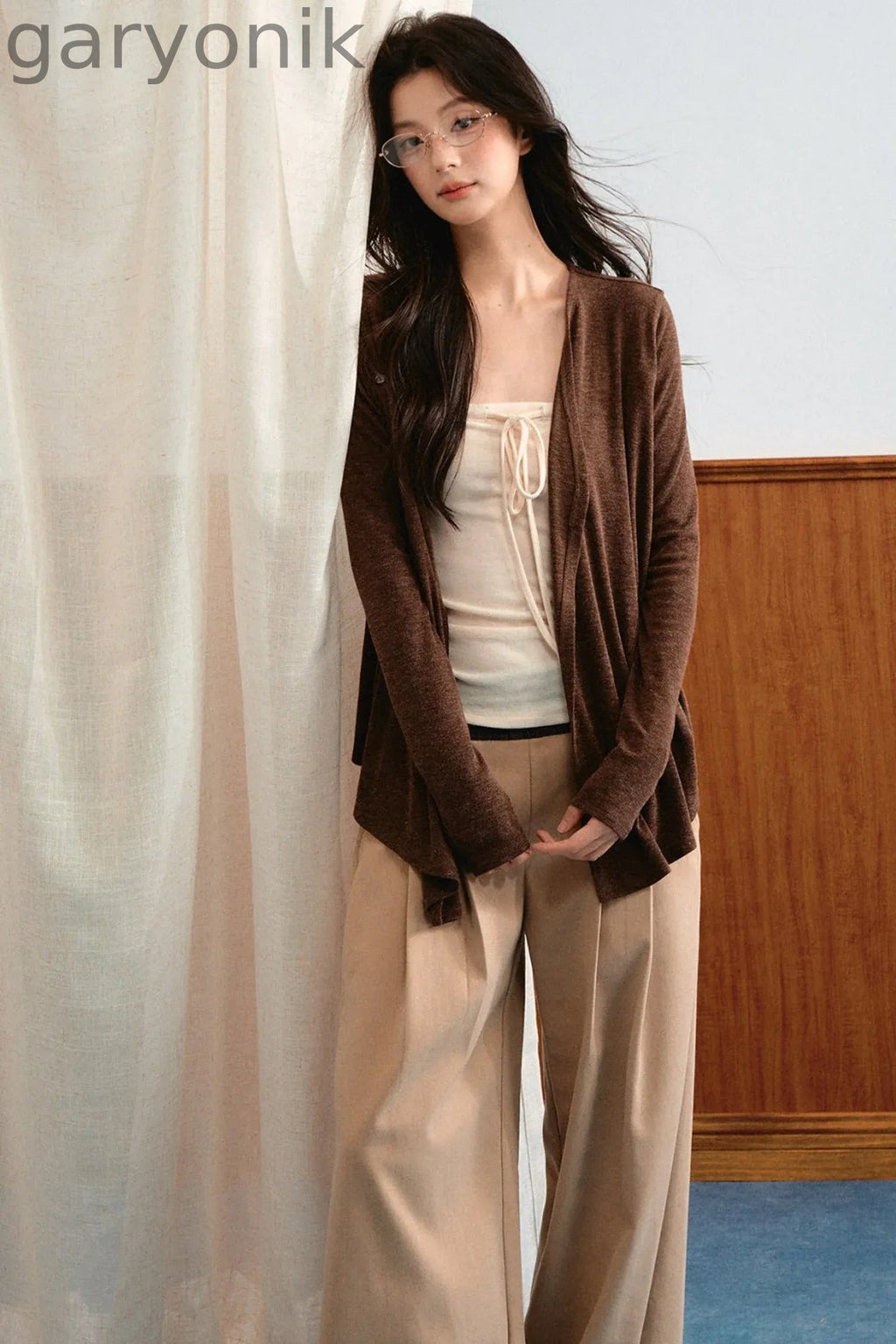 Knit Tie-Up Tube Cardigan Set-Up
