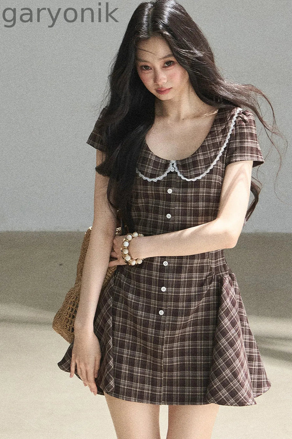 Chestnut Brown Plaid Puffy Dress