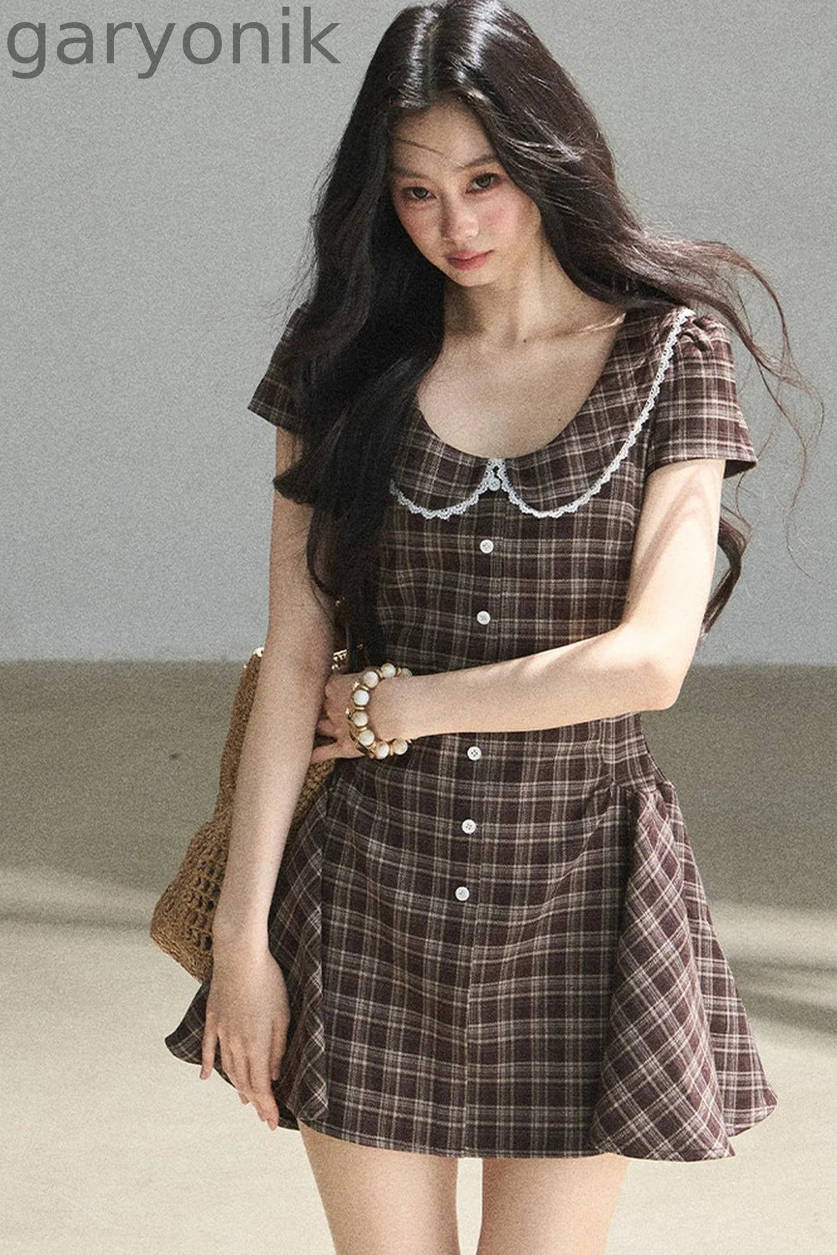 Chestnut Brown Plaid Puffy Dress