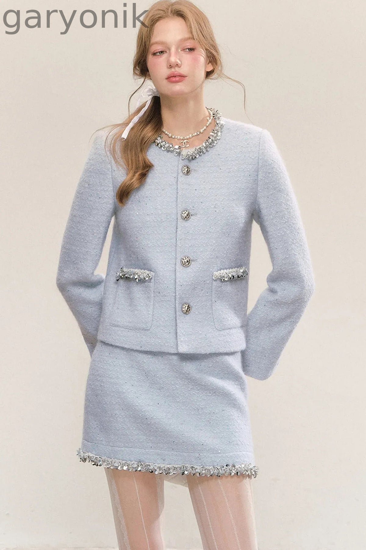 Blue Sequin Tweed Coat and Skirt Set-Up