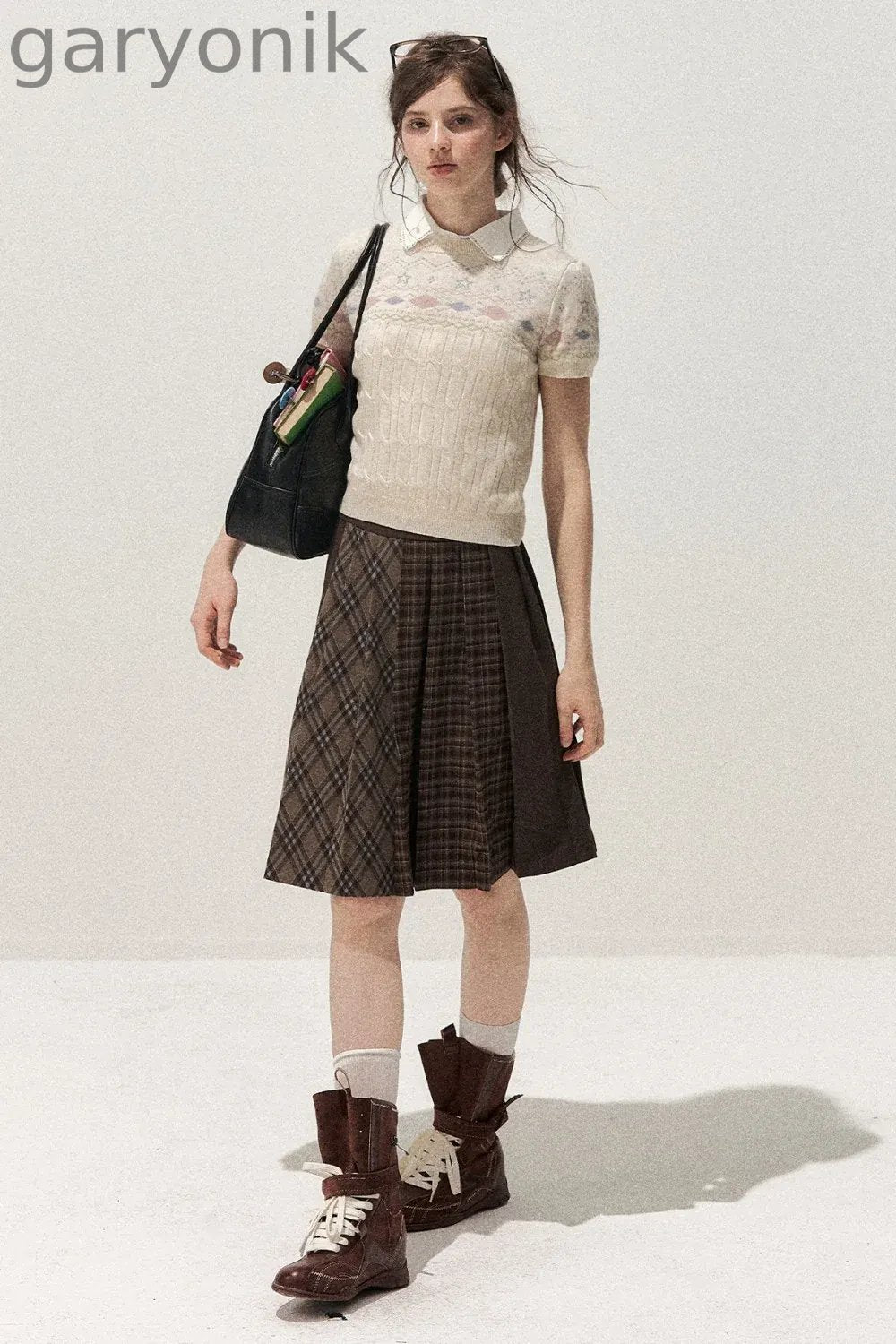 Retro Fair Isle Argyle Short-Sleeve Knit Sweater and Skirt Set-Up