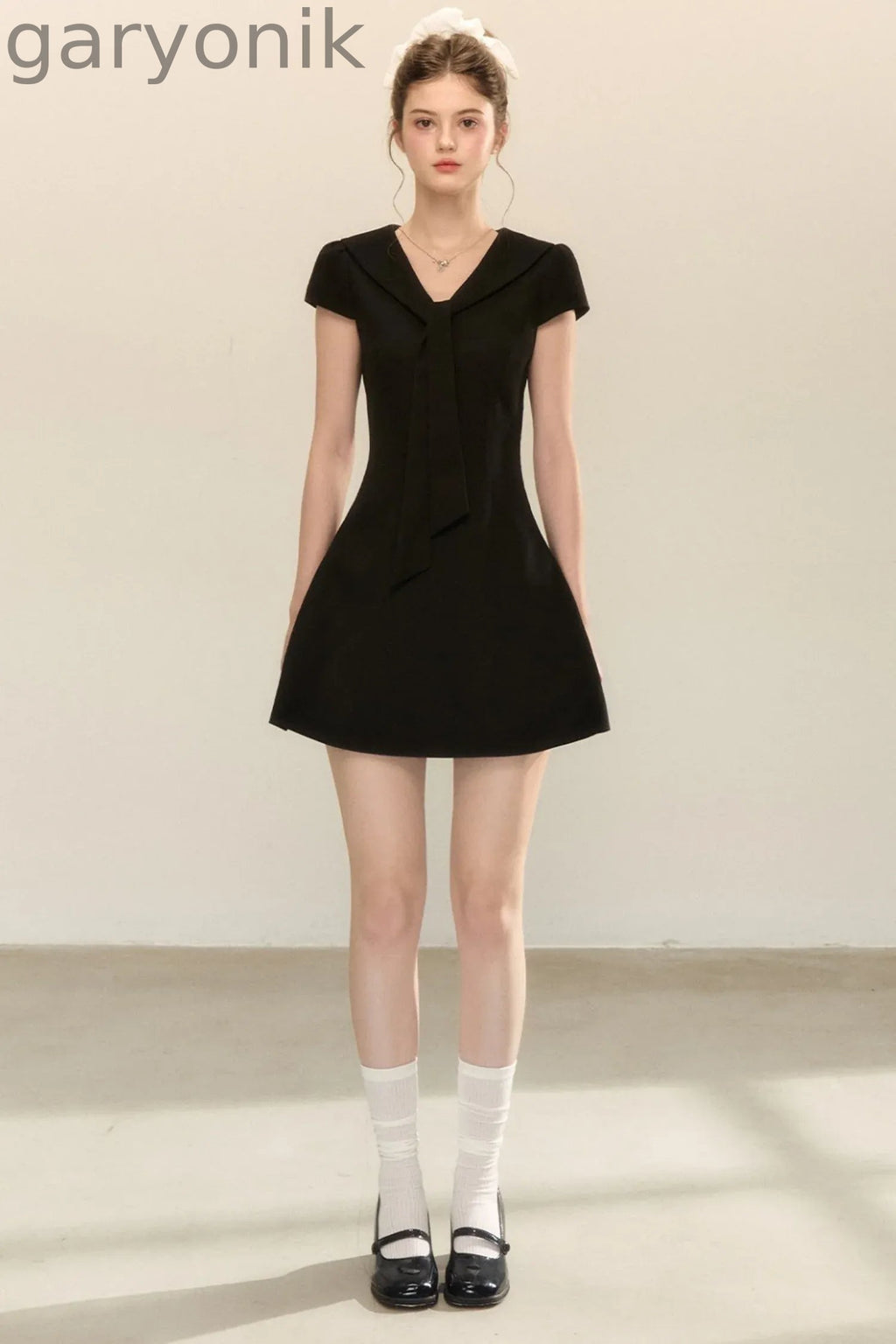 Navy Collar Short Sleeve A-Line Dress