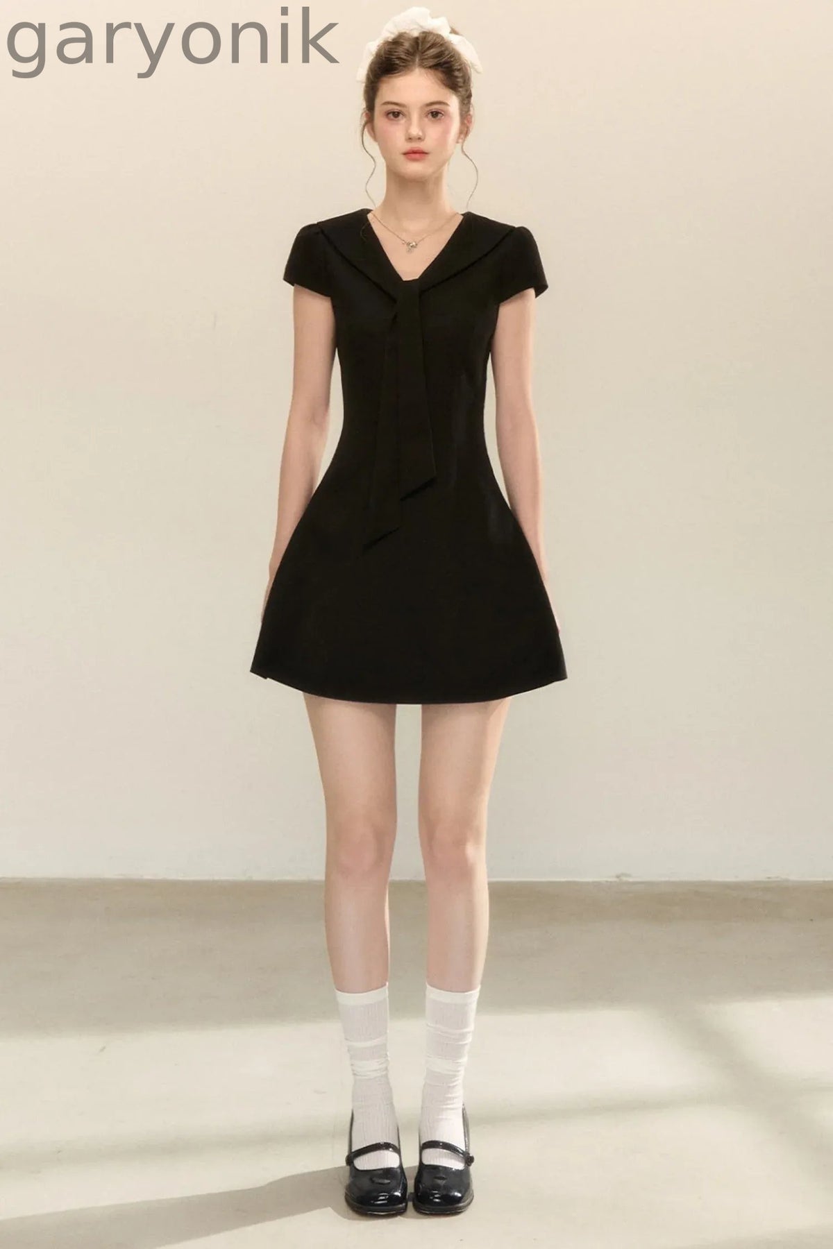 Navy Collar Short Sleeve A-Line Dress