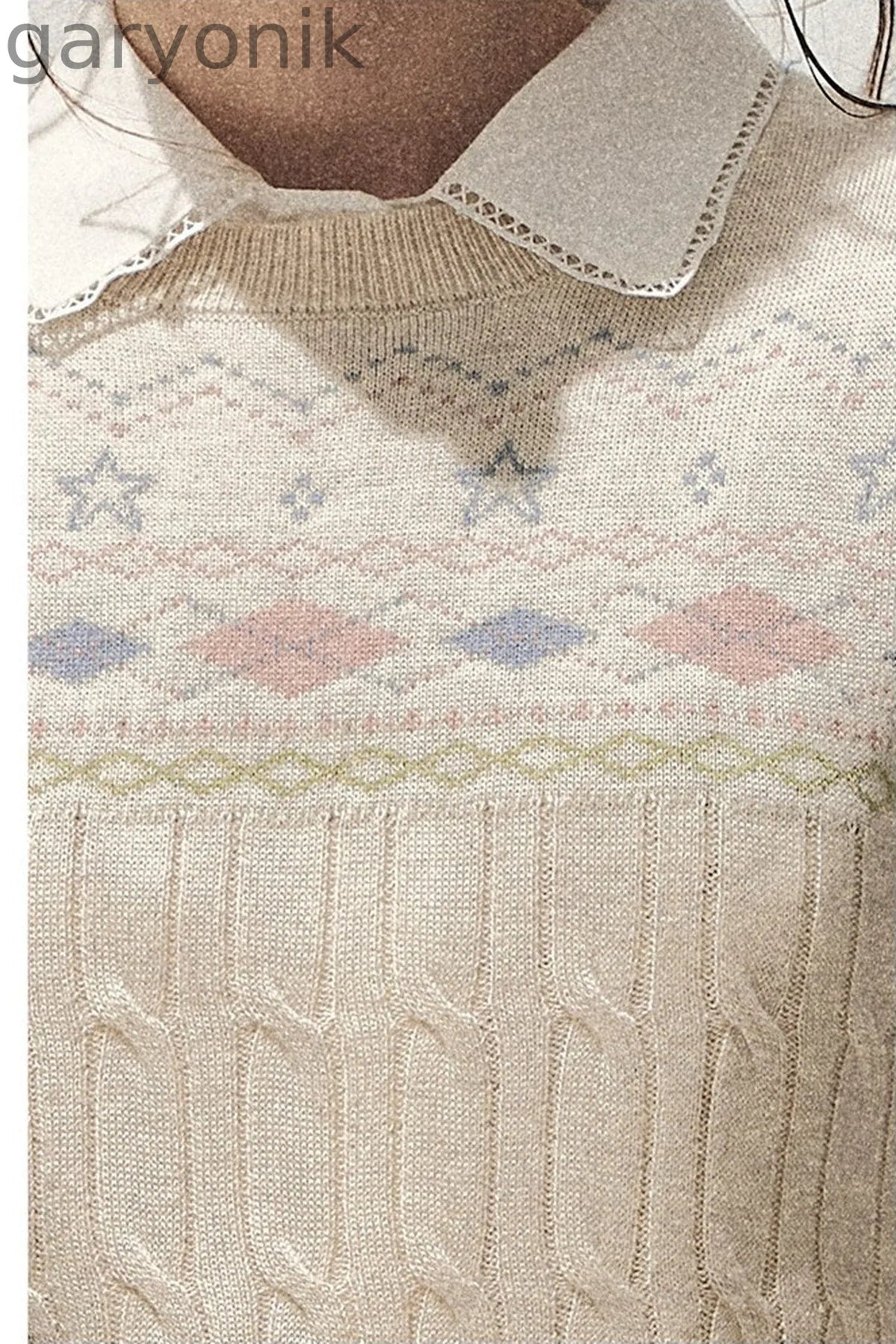 Retro Fair Isle Argyle Short-Sleeve Knit Sweater and Skirt Set-Up
