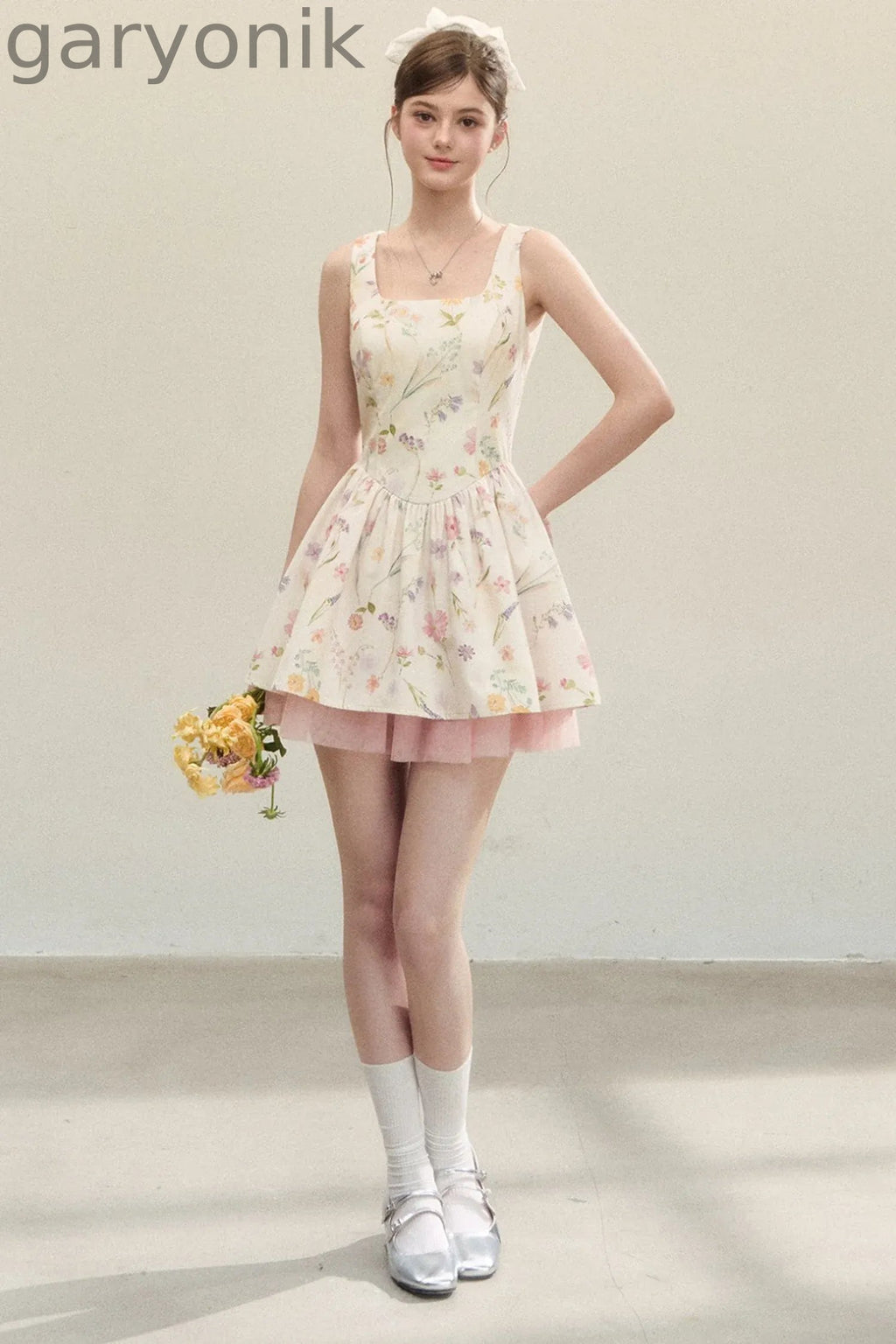Floral Puffy Suspender Dress