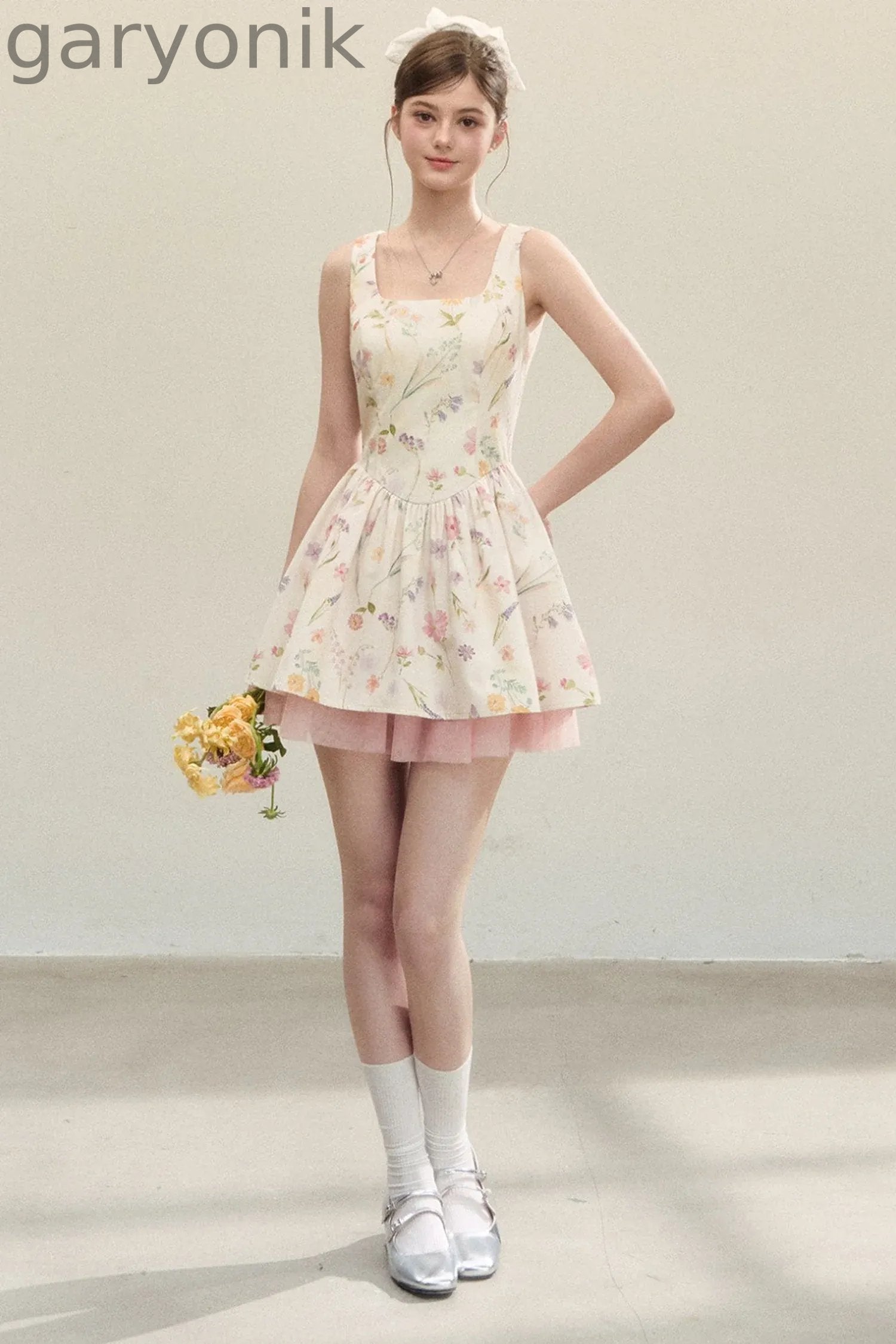 Floral Puffy Suspender Dress