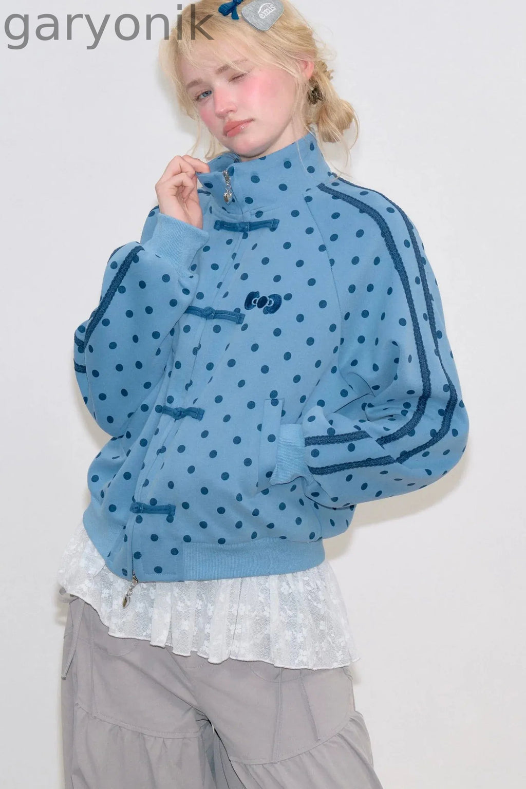 Blue Polka Dot Zipper Hoodie Jacket