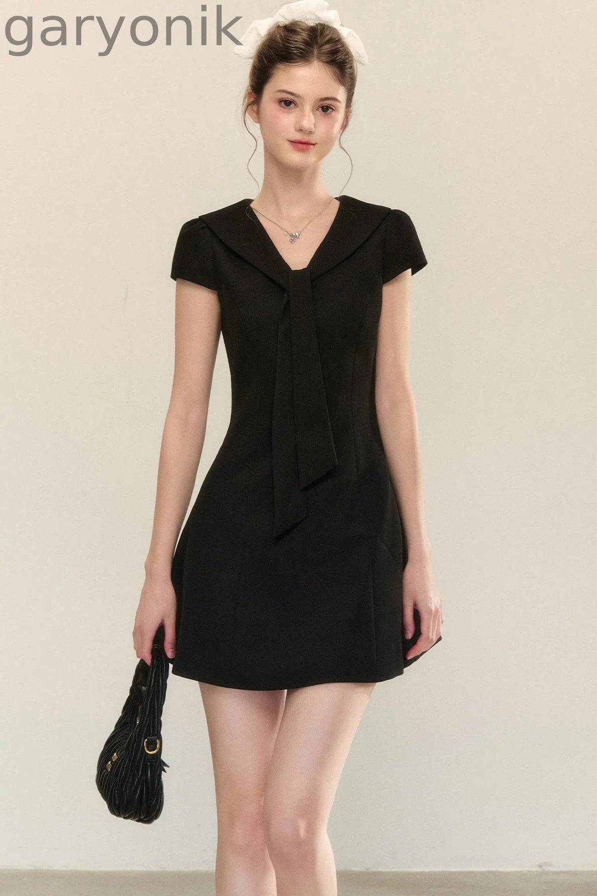 Navy Collar Short Sleeve A-Line Dress
