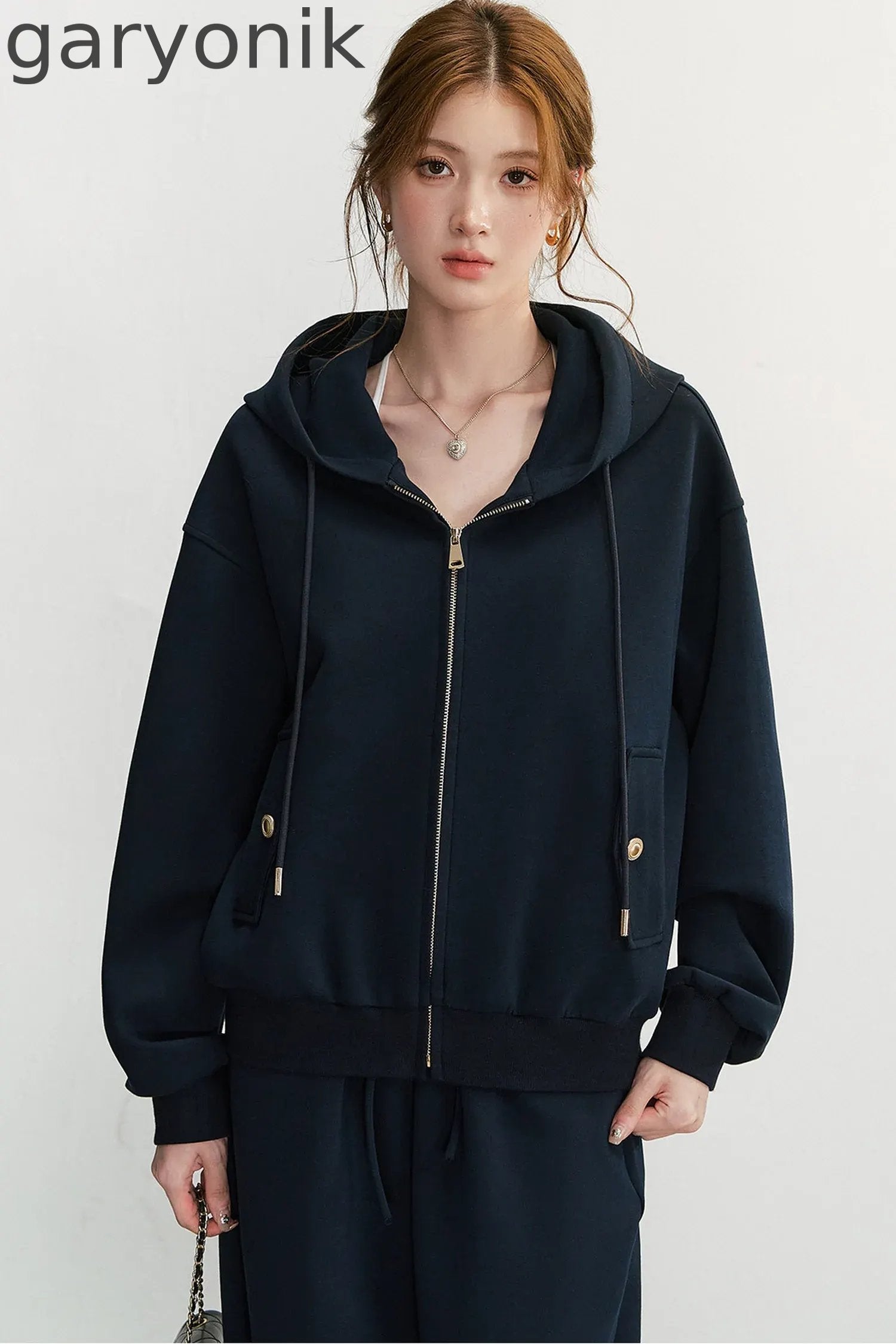 Embroidered Hooded Cardigan Sweatshirt and Wide-Leg Pants Set-Up