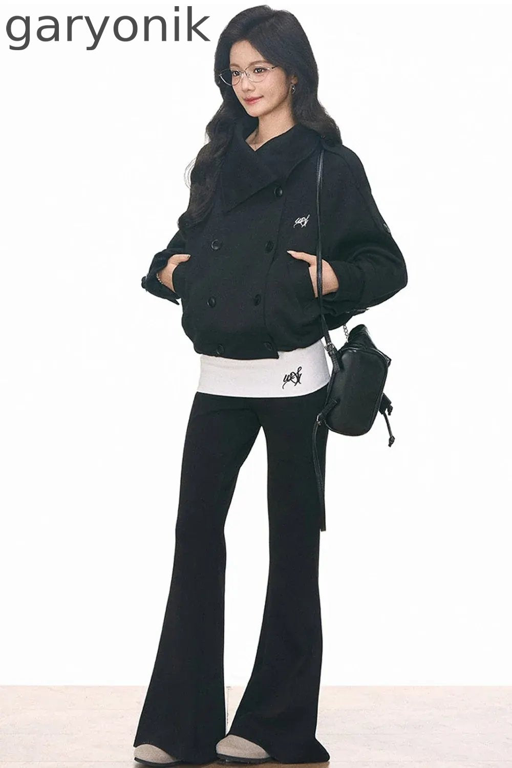 Double-Breasted Knitted Short Trench Coat and Pants Set-Up