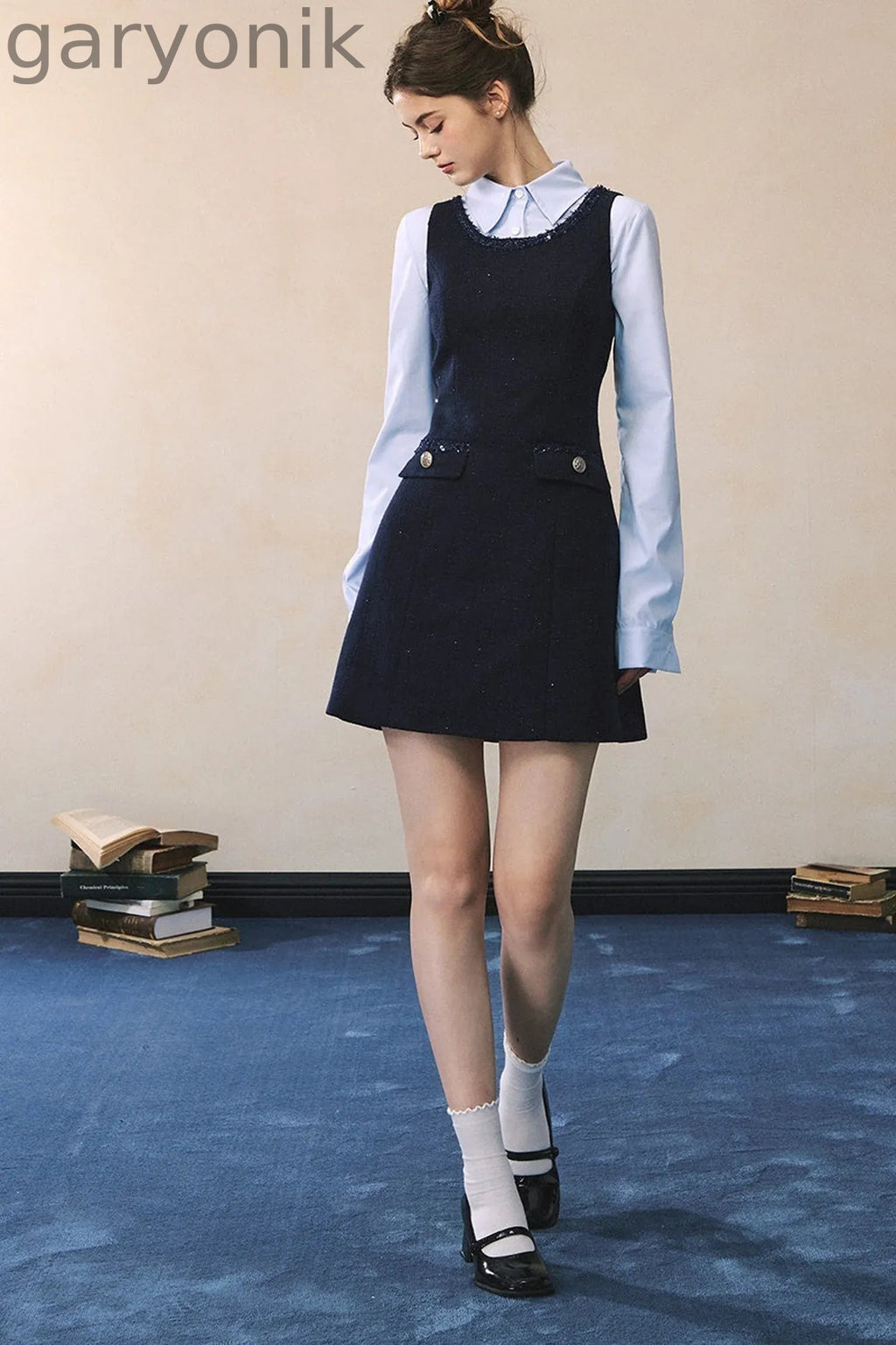 Blue Long-Sleeve Shirt Navy Dress Set-Up