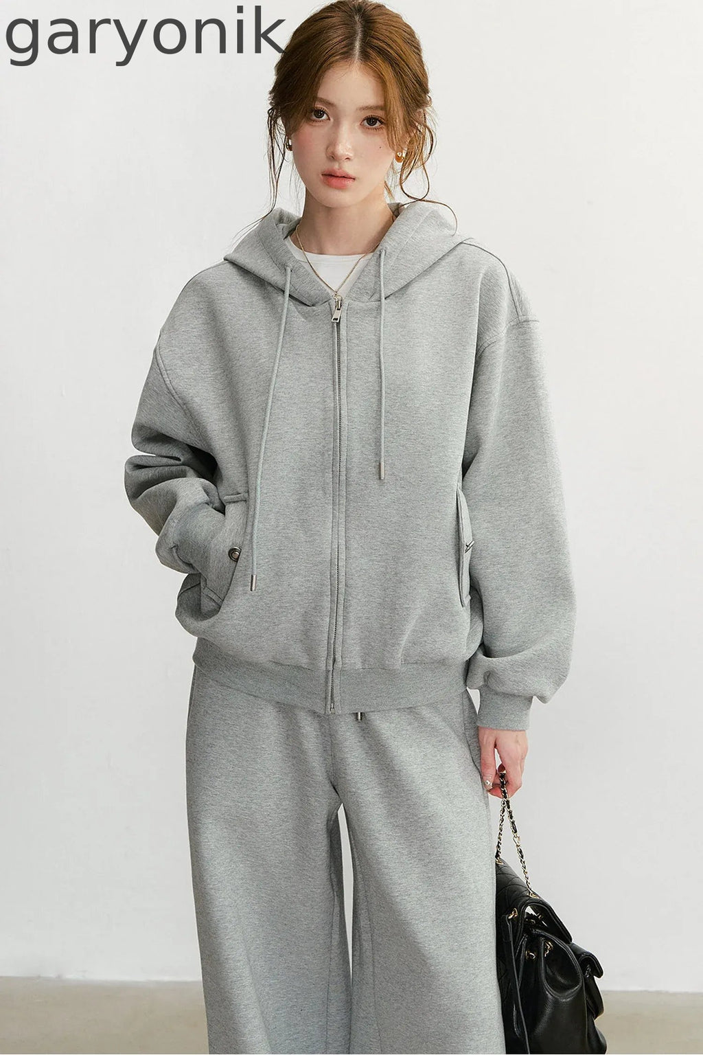 Embroidered Hooded Cardigan Sweatshirt and Wide-Leg Pants Set-Up