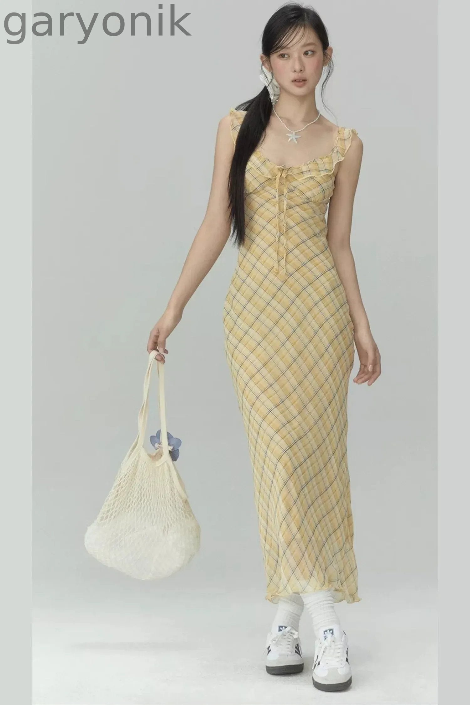 Yellow Plaid Slim Long Dress