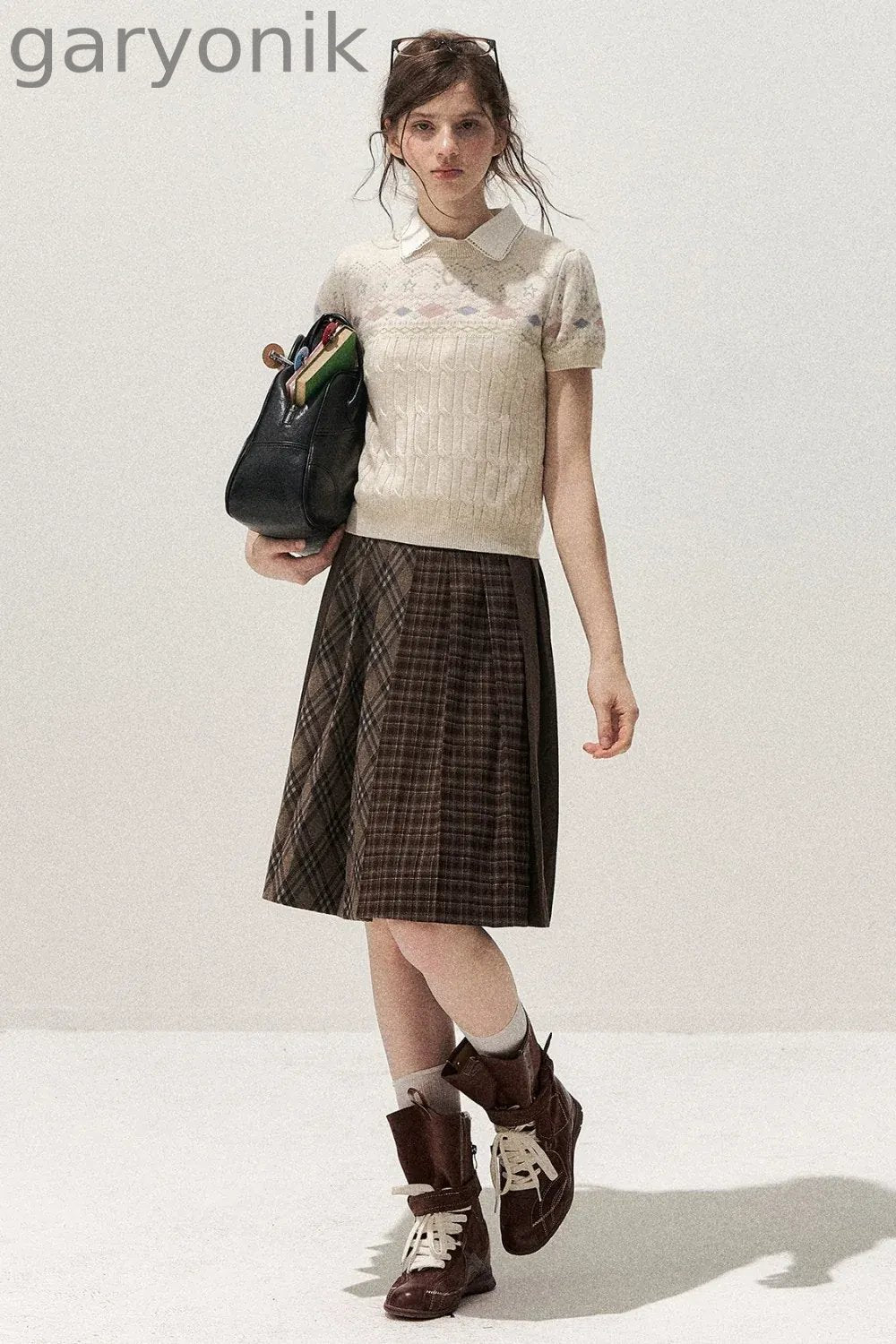 Retro Fair Isle Argyle Short-Sleeve Knit Sweater and Skirt Set-Up