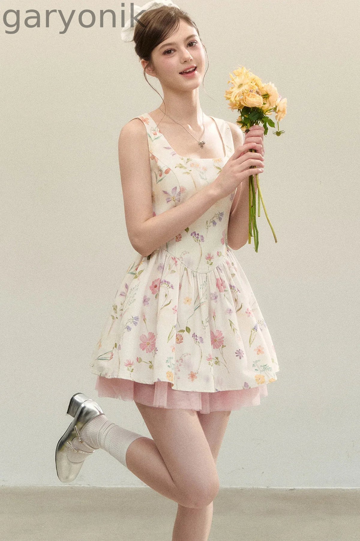 Floral Puffy Suspender Dress