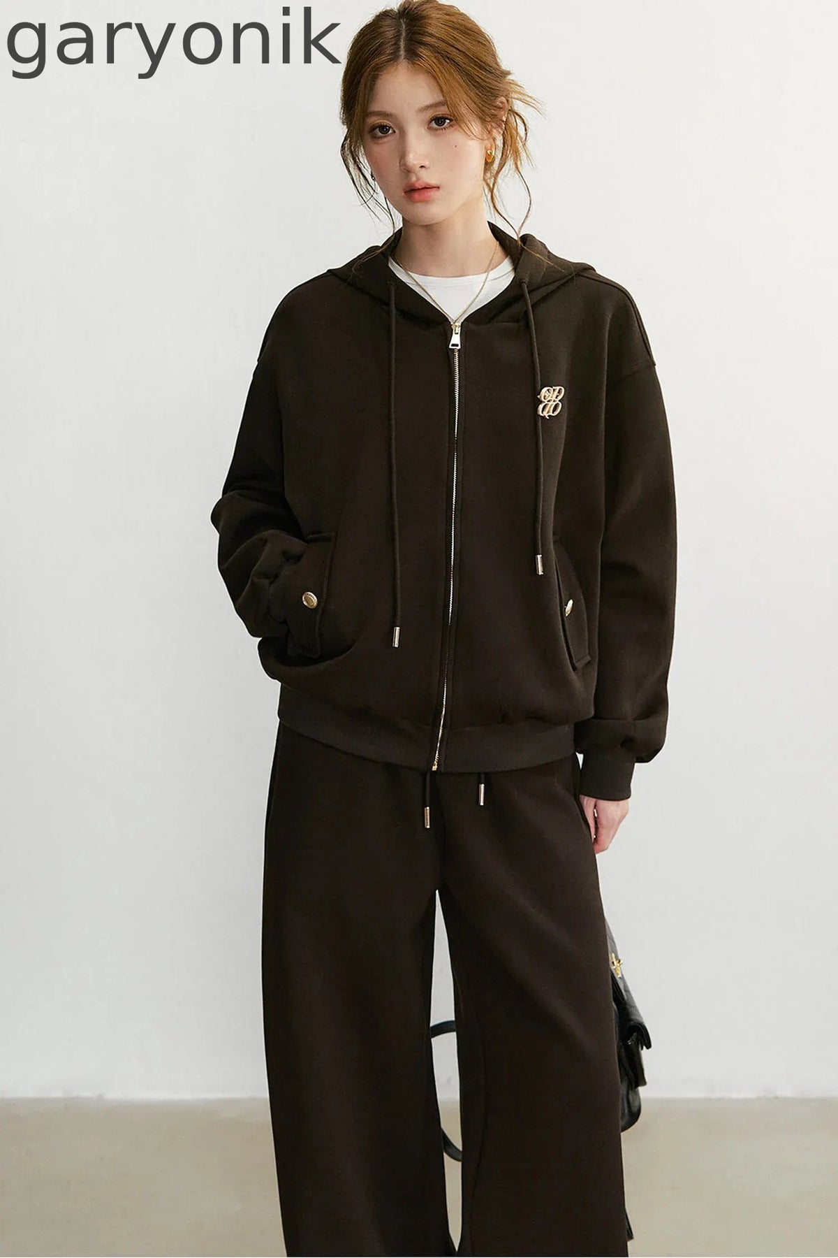 Embroidered Hooded Cardigan Sweatshirt and Wide-Leg Pants Set-Up