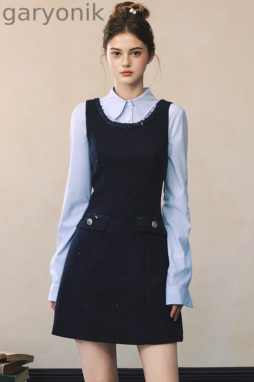 Blue Long-Sleeve Shirt Navy Dress Set-Up