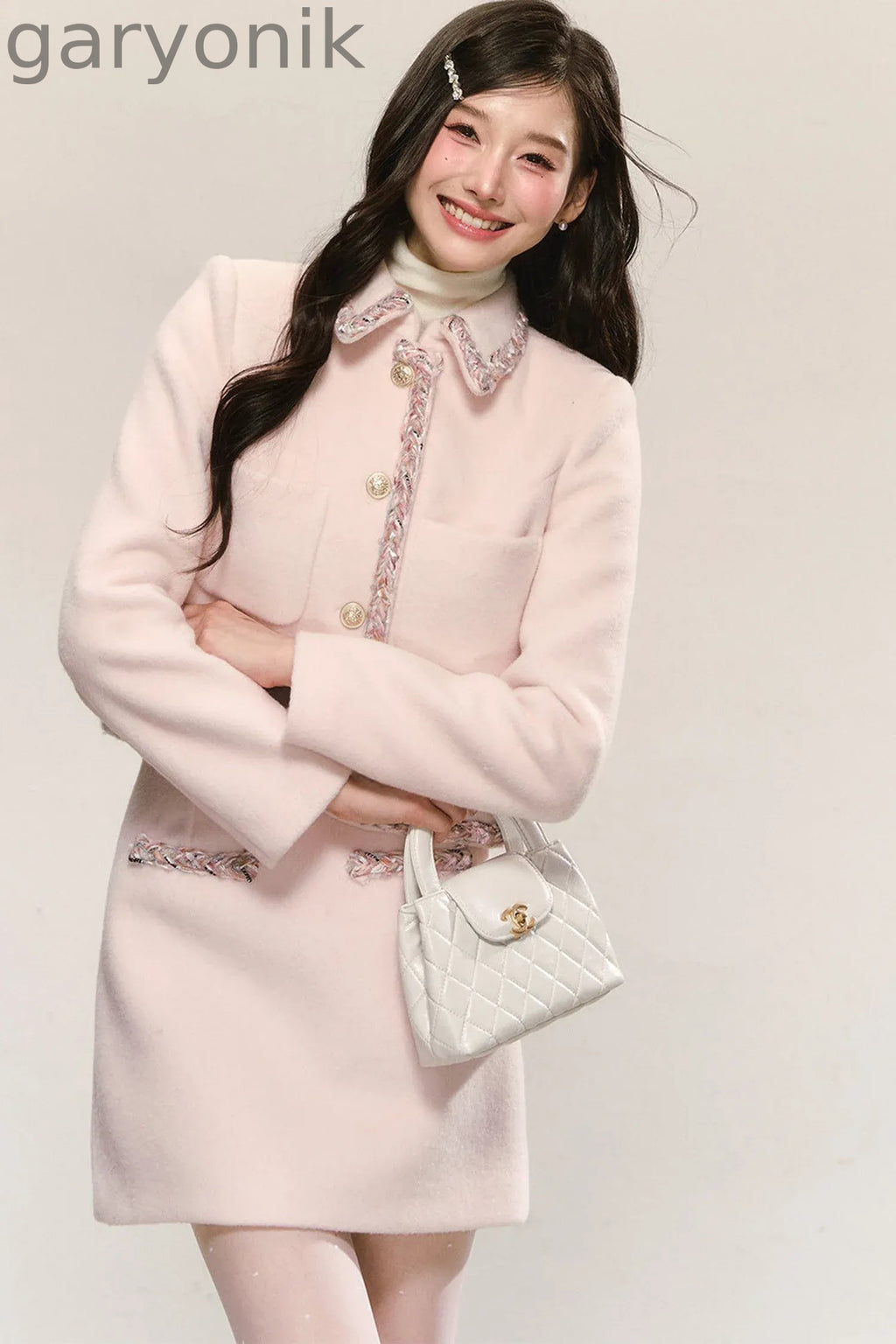 Miu Series Pink Woolen Coat Skirt Set-Up