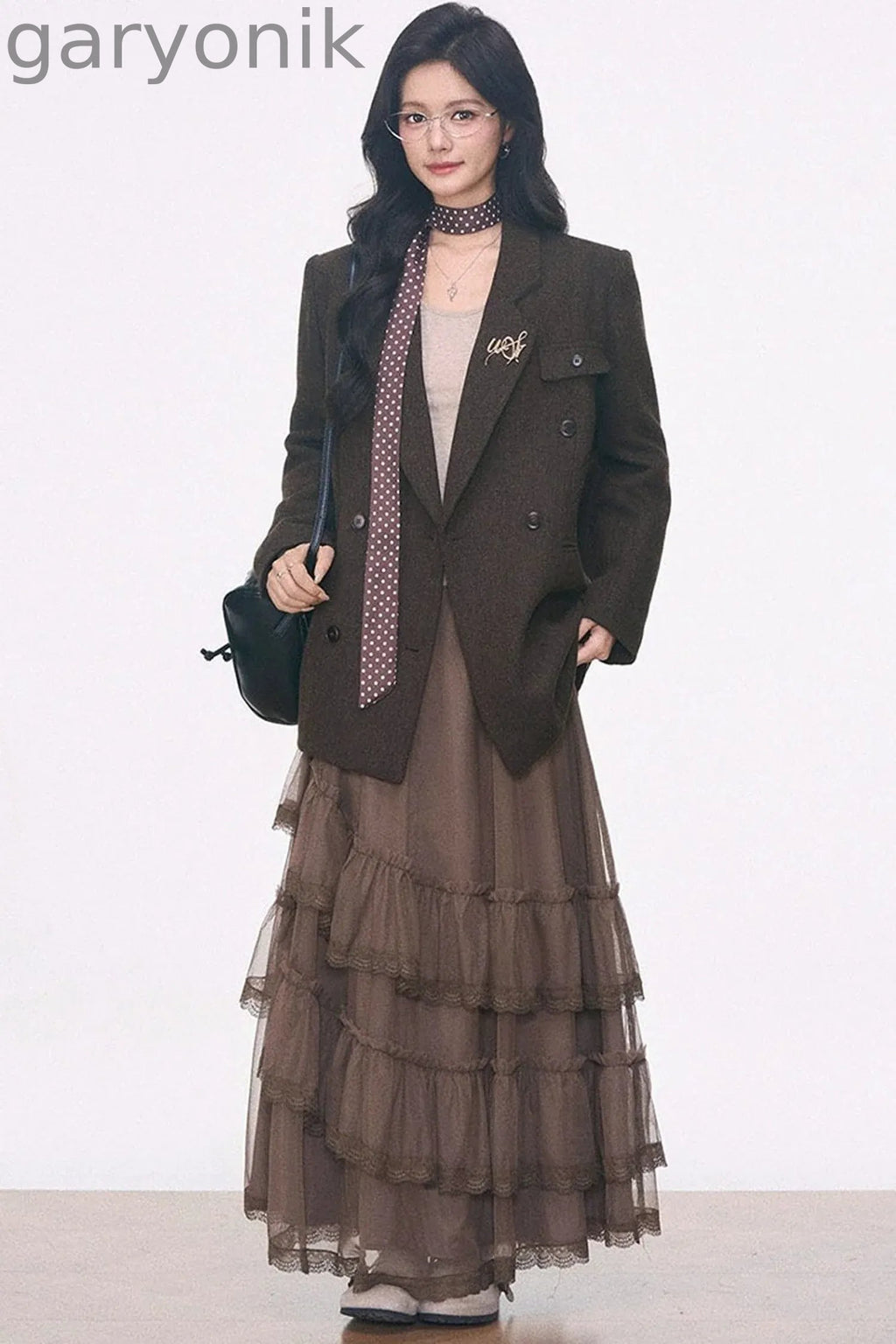 Woolen Blazer and Mesh Skirt Set-Up