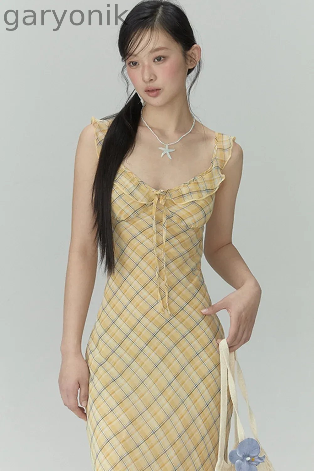 Yellow Plaid Slim Long Dress
