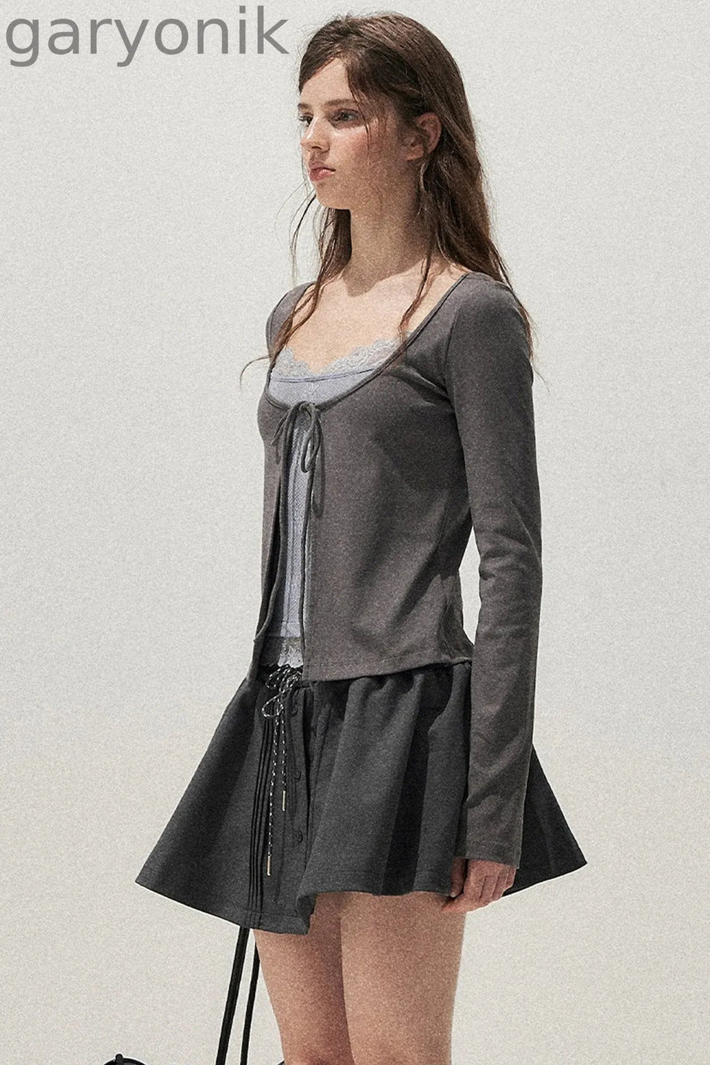 Lace Spliced Tie-Up Long Sleeve Top