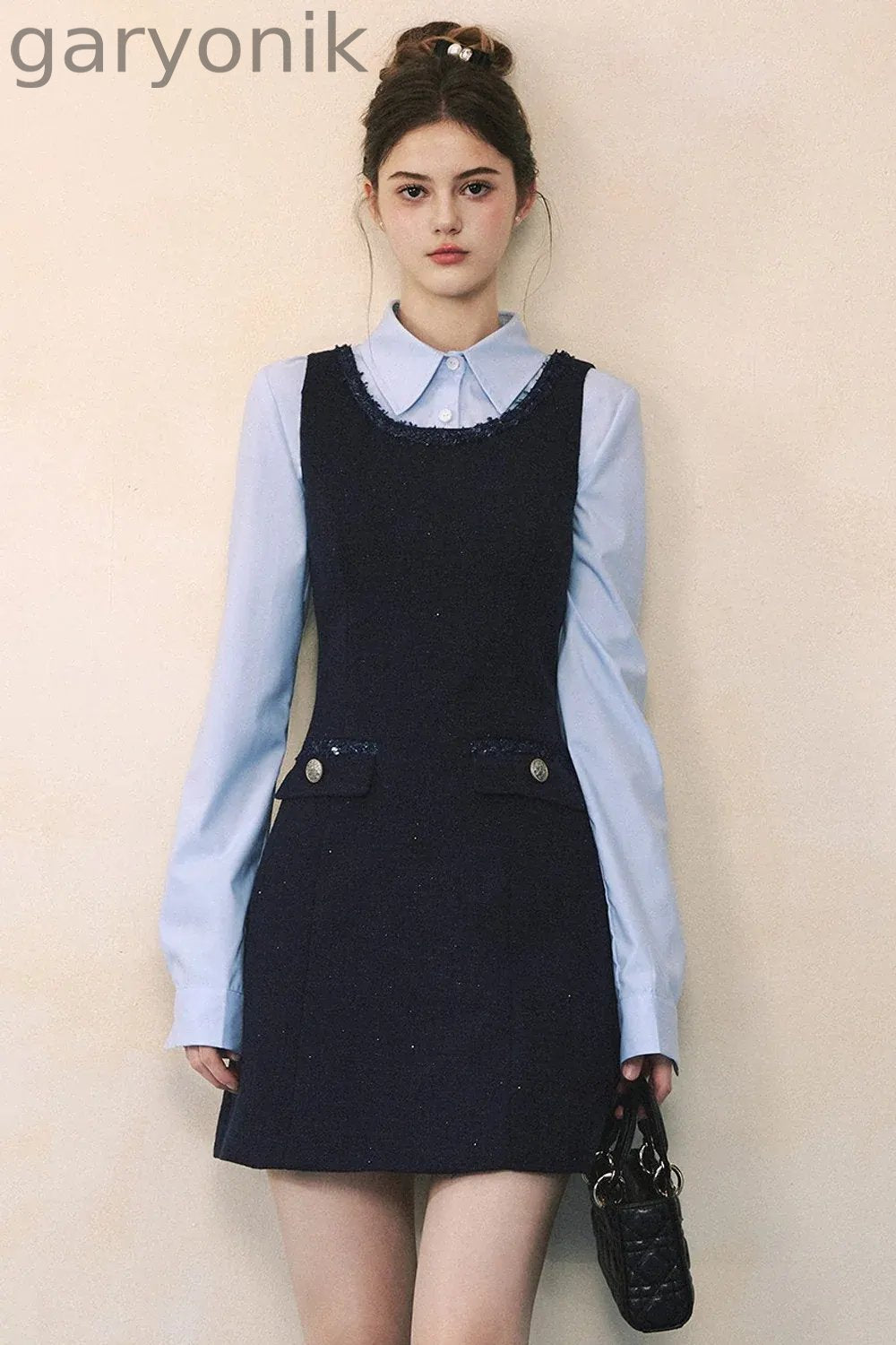 Blue Long-Sleeve Shirt Navy Dress Set-Up