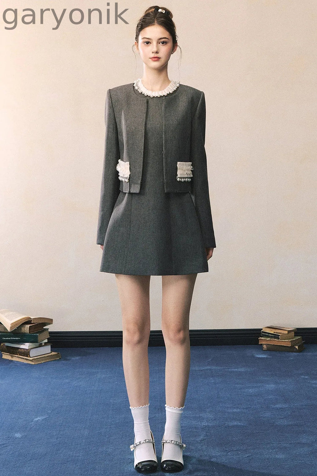 Miu Style Tweed Blazer Sleeveless A-Line Dress Set-Up