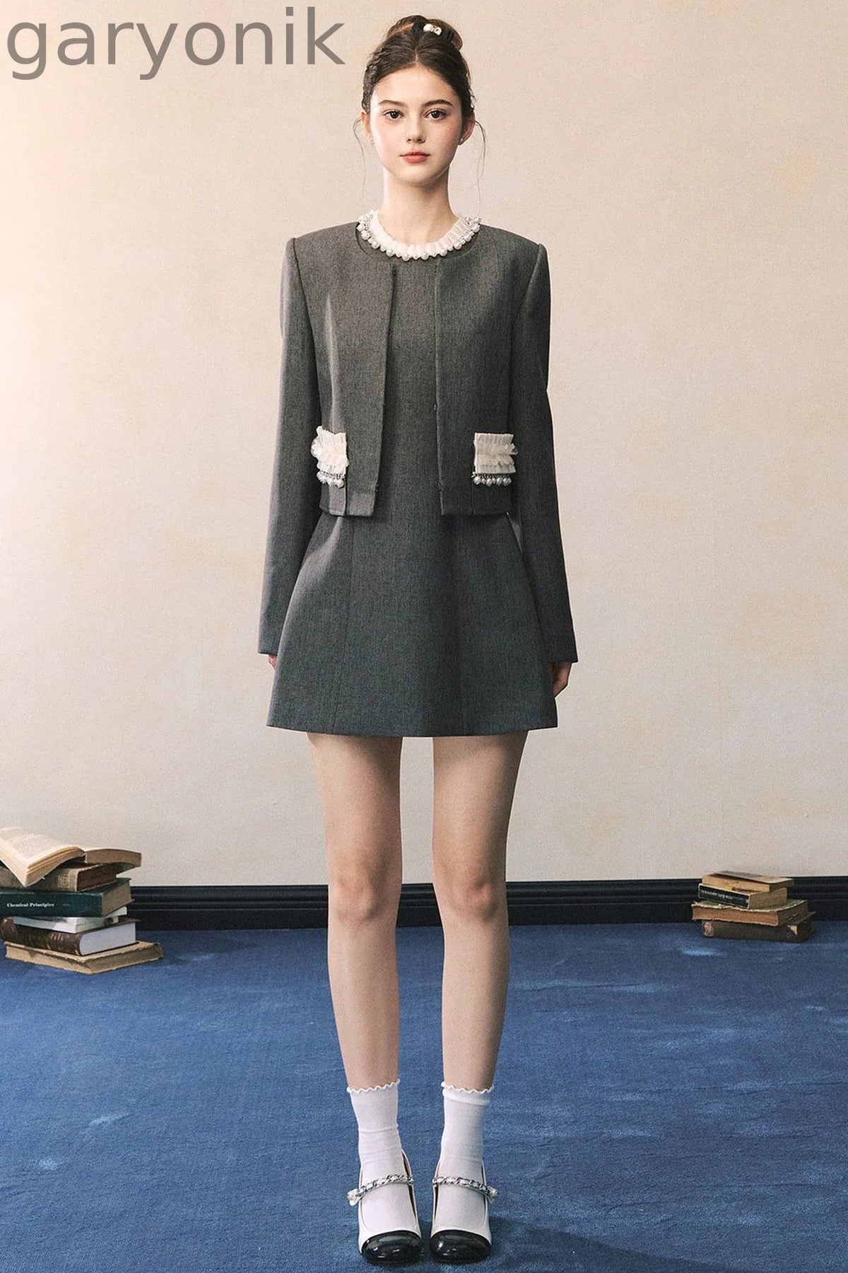 Miu Style Tweed Blazer Sleeveless A-Line Dress Set-Up