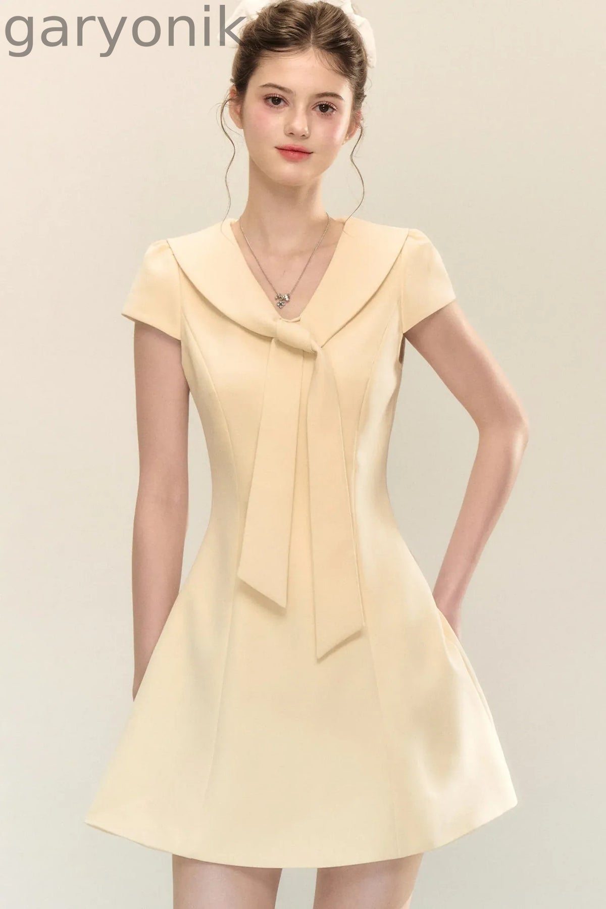 Navy Collar Short Sleeve A-Line Dress