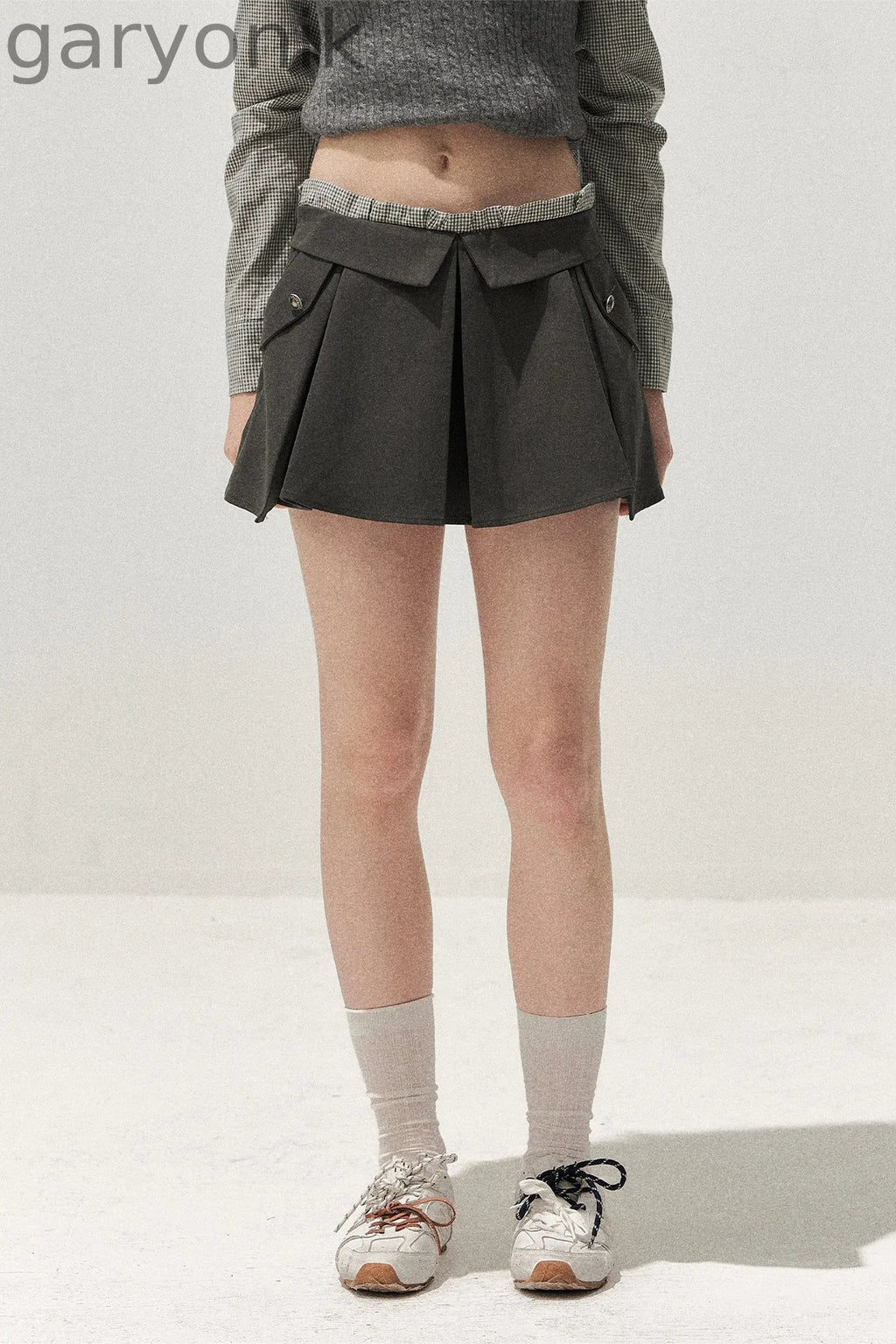 Double Waistband Gray Pleated Skirt