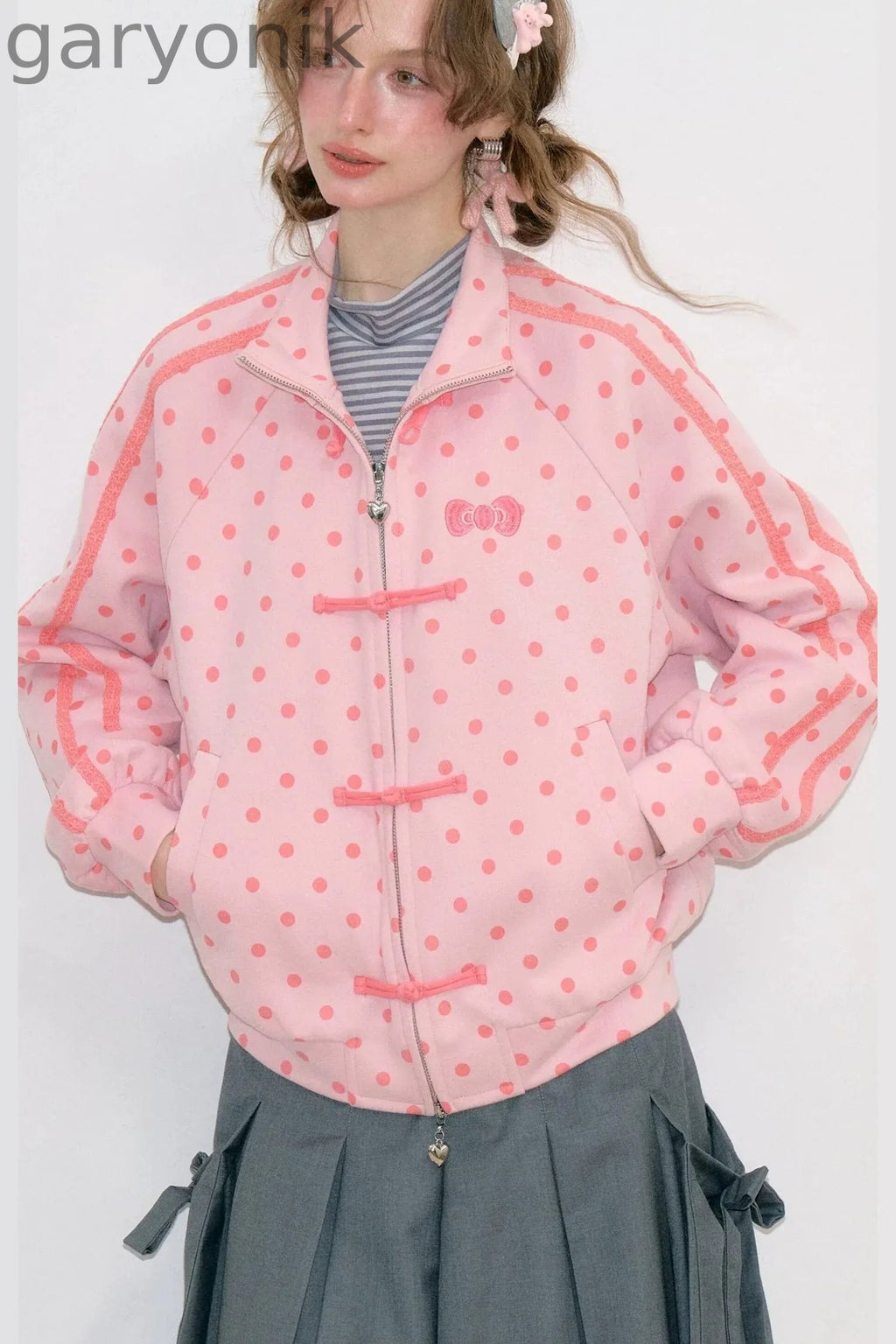 Blue Polka Dot Zipper Hoodie Jacket