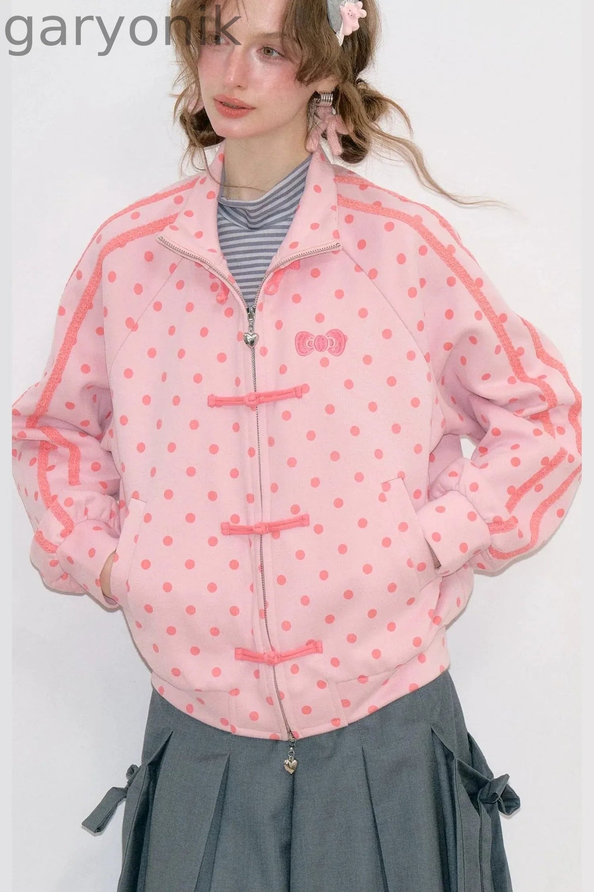 Blue Polka Dot Zipper Hoodie Jacket