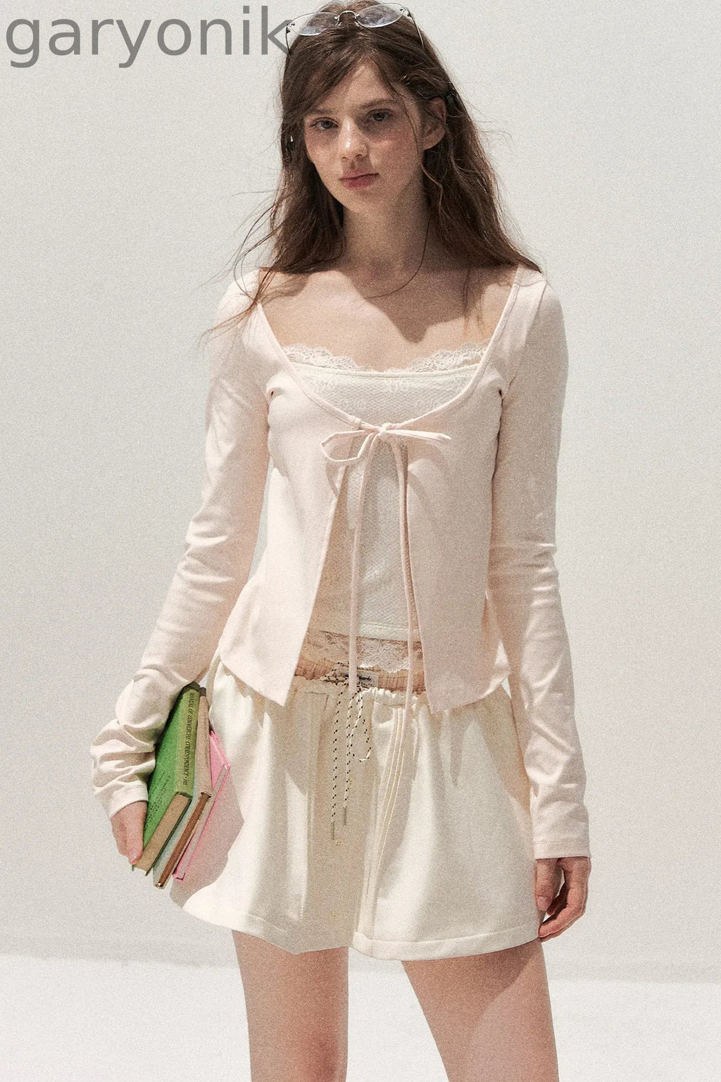 Lace Spliced Tie-Up Long Sleeve Top