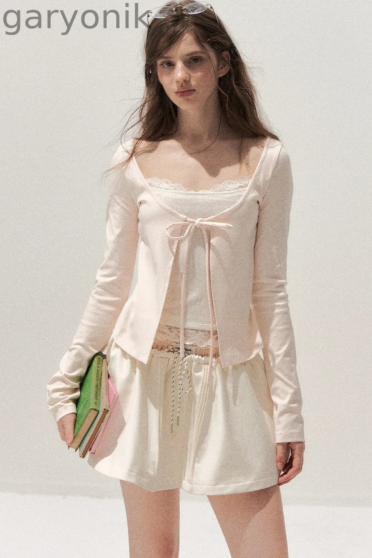 Lace Spliced Tie-Up Long Sleeve Top
