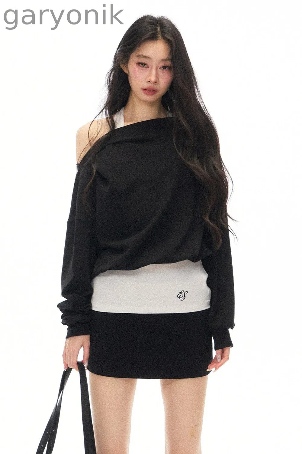 Black Asymmetrical Shoulder Long-Sleeve Top and Skirt Set-Up