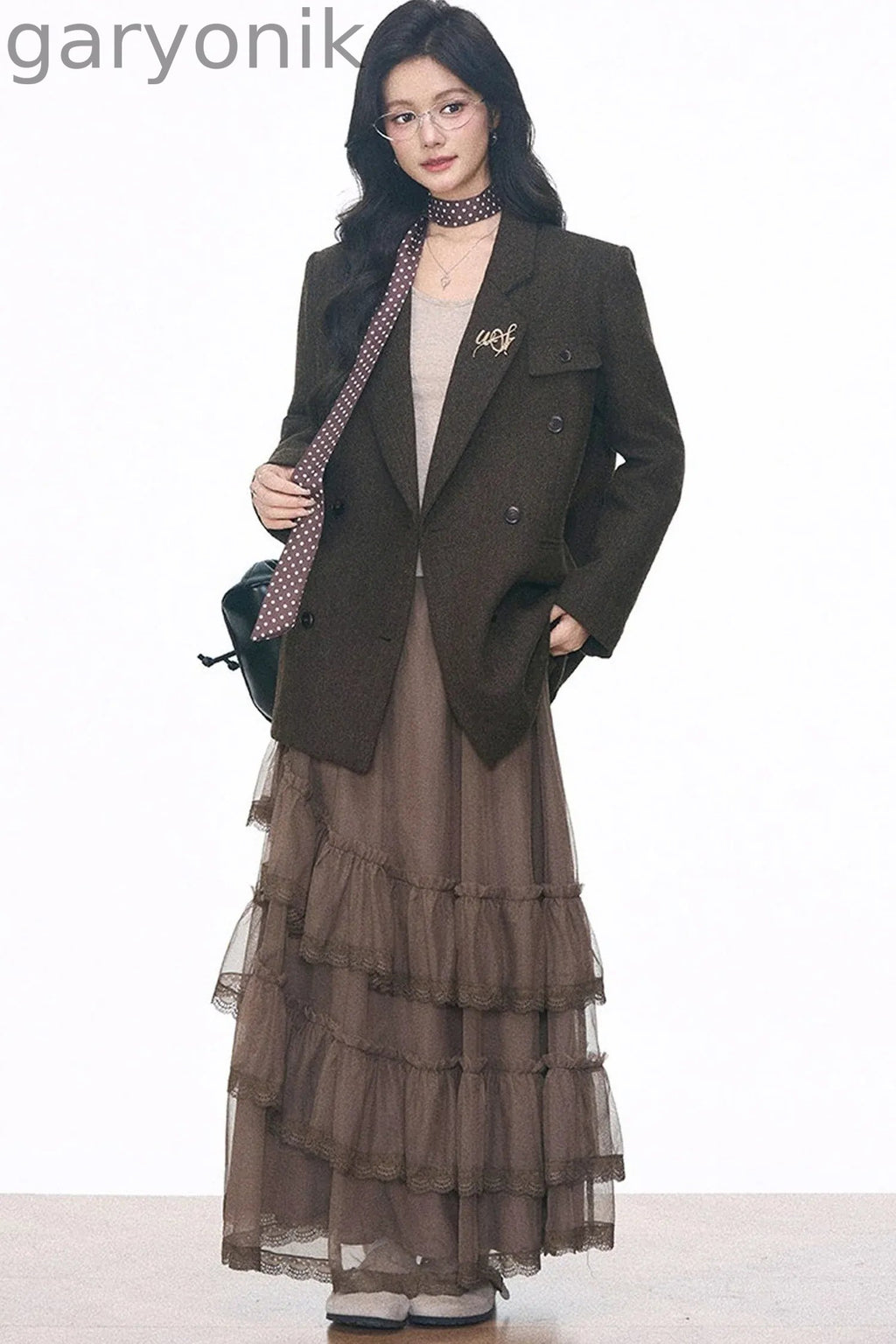 Woolen Blazer and Mesh Skirt Set-Up